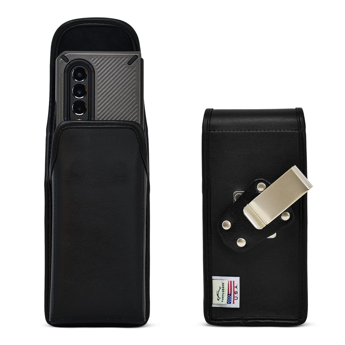 Turtleback Belt Case Designed for Galaxy Z Fold3 (2021) with Bulky Fit Case, Vertical Holster Black Leather Pouch with Heavy Duty Rotating Belt Clip,