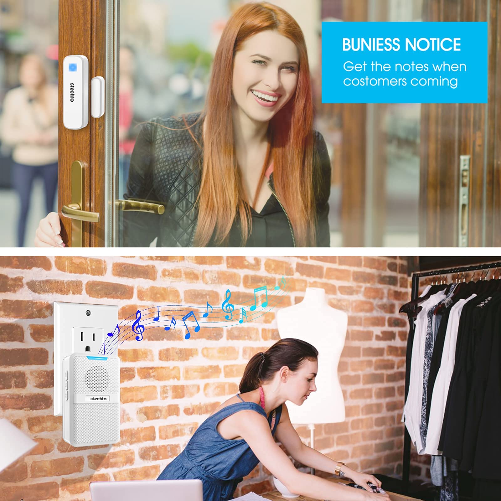 Door Chime, Wireless 600Ft Range 5 Levels Adjustable Volume Magnetic Door Open Contact Sensor With 62 Chimes Mute Mode Door Bell