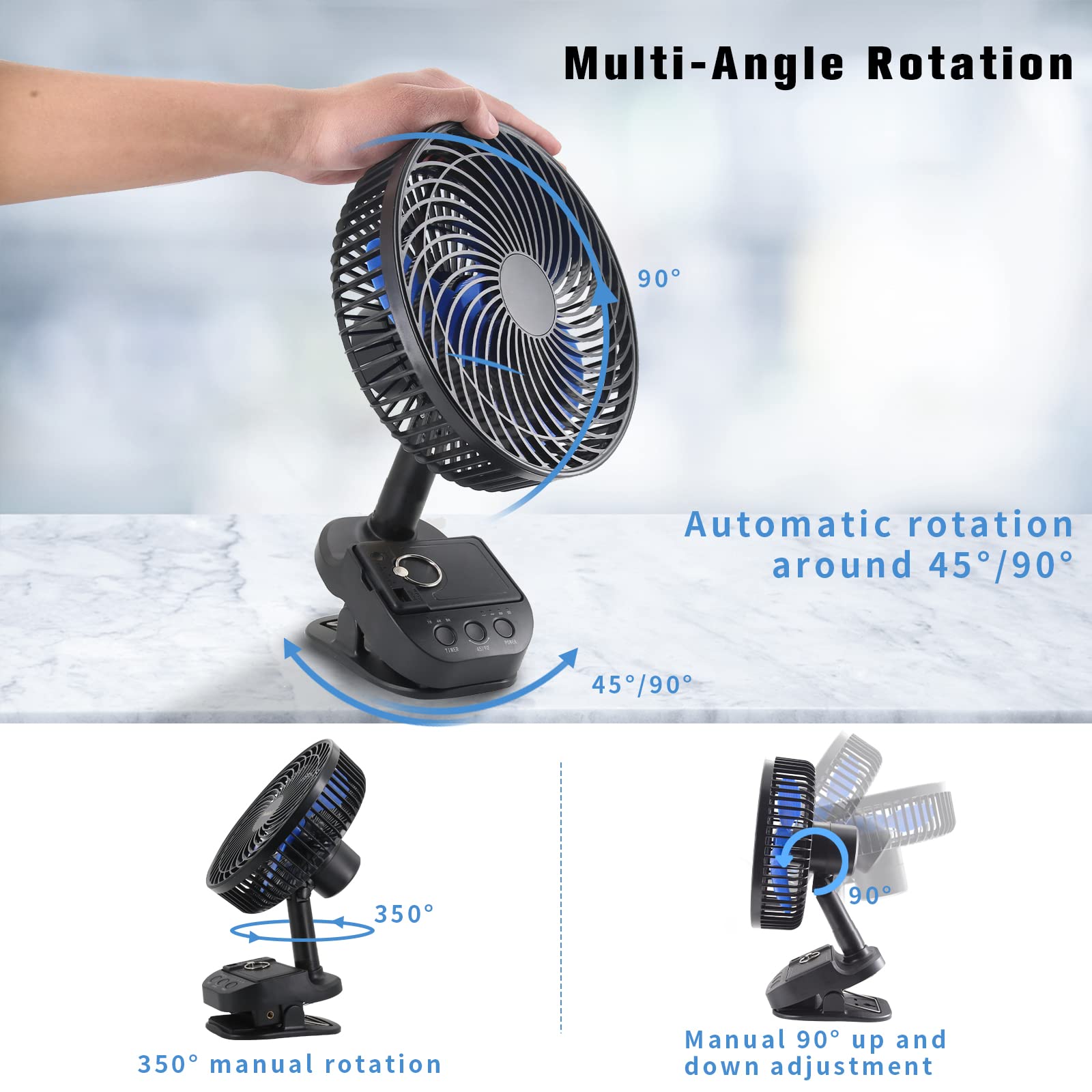 Atengeus 4 In1 Usb Fan, 8    Clip Fan, 10000Mah Rechargeable Table Fan, 5 Speeds Battery Operated Fan, 45/90 Automatic Rotation,