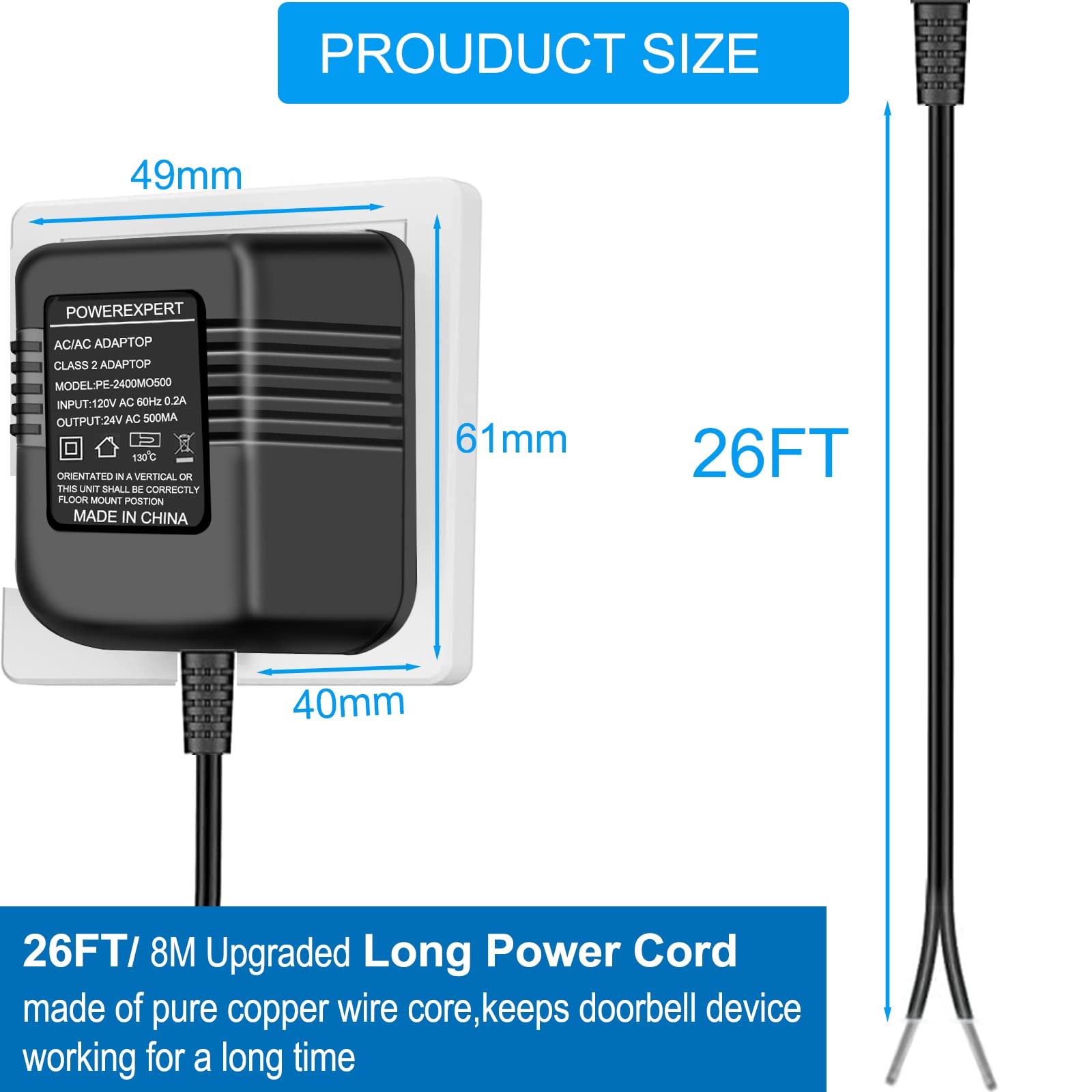 24V Transformer For Ring Doorbell Transformer C Wire Adapter Thermostat, 24V Doorbell Power Supply Cord Compatible With Wyze, Ri