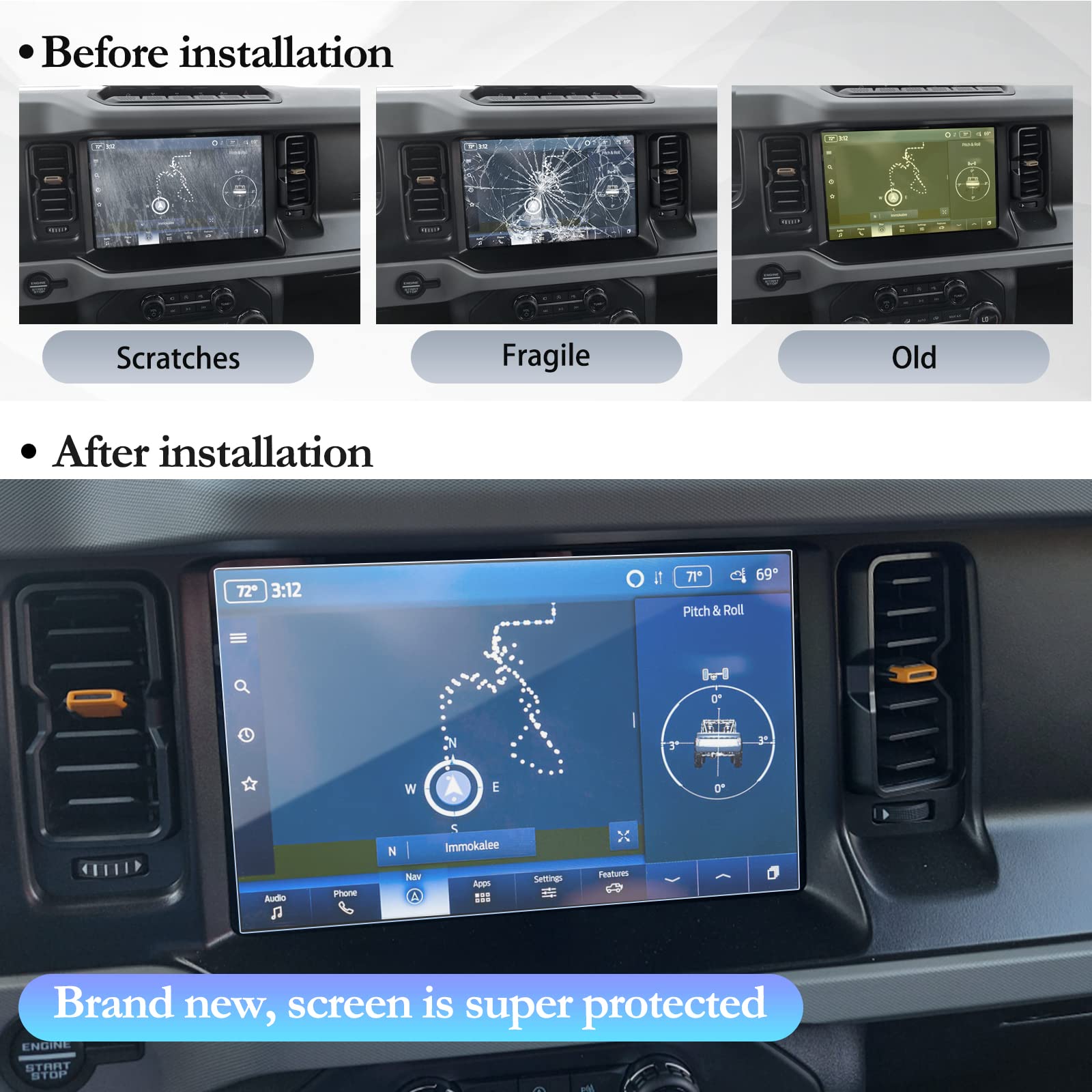 Sktu Screen Protector For 2021 2025 Ford Bronco 12 Inch Navigation 2023 2024 2025 Bronco Accessories Screen Protective Film Tempered Glass Hd Clear