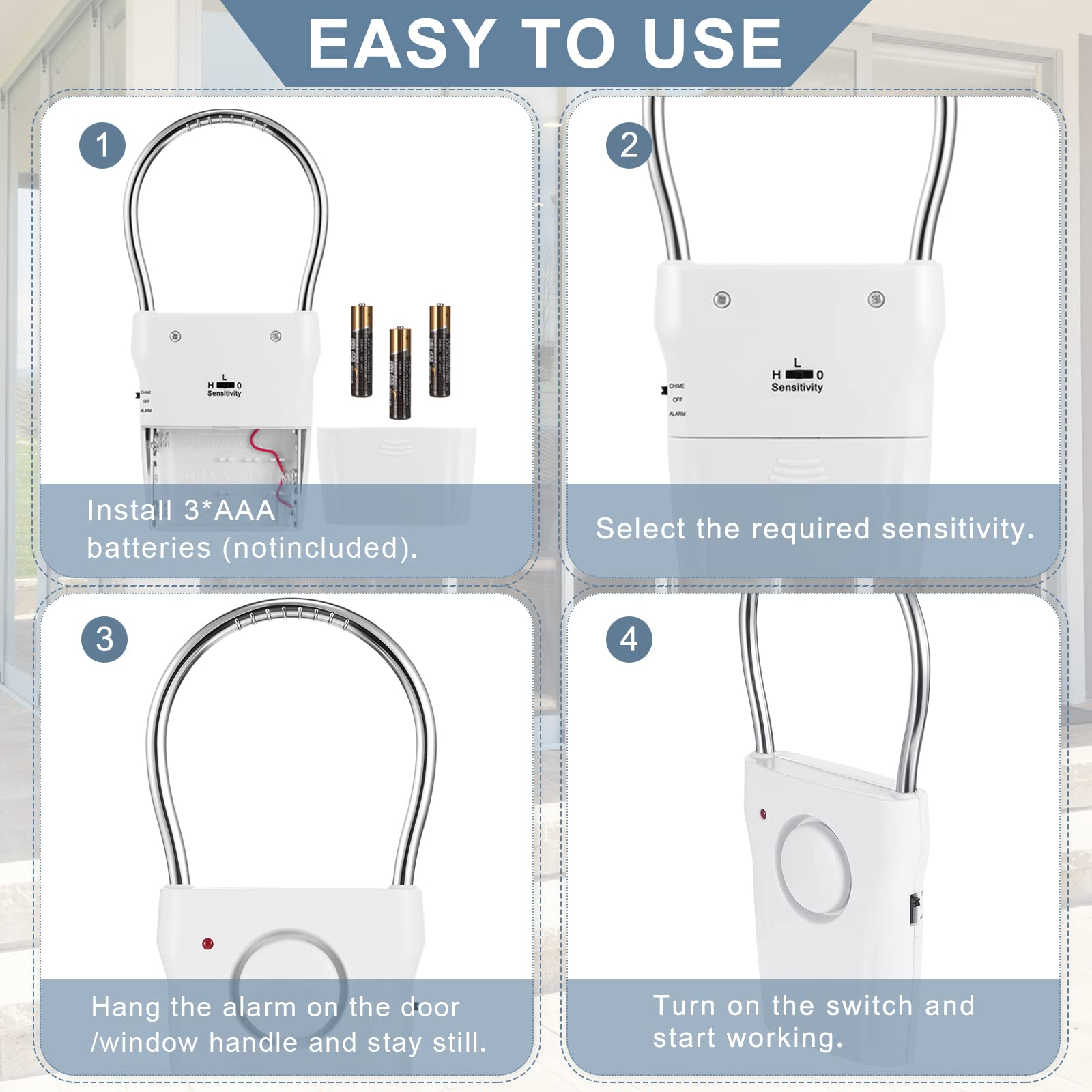 Kanayu 4 Pieces Door Handle Alarm 120Db Door Alarm For Home Security Door Entry Alarm Doorknob Sensing Alarm Window Burglar Aler