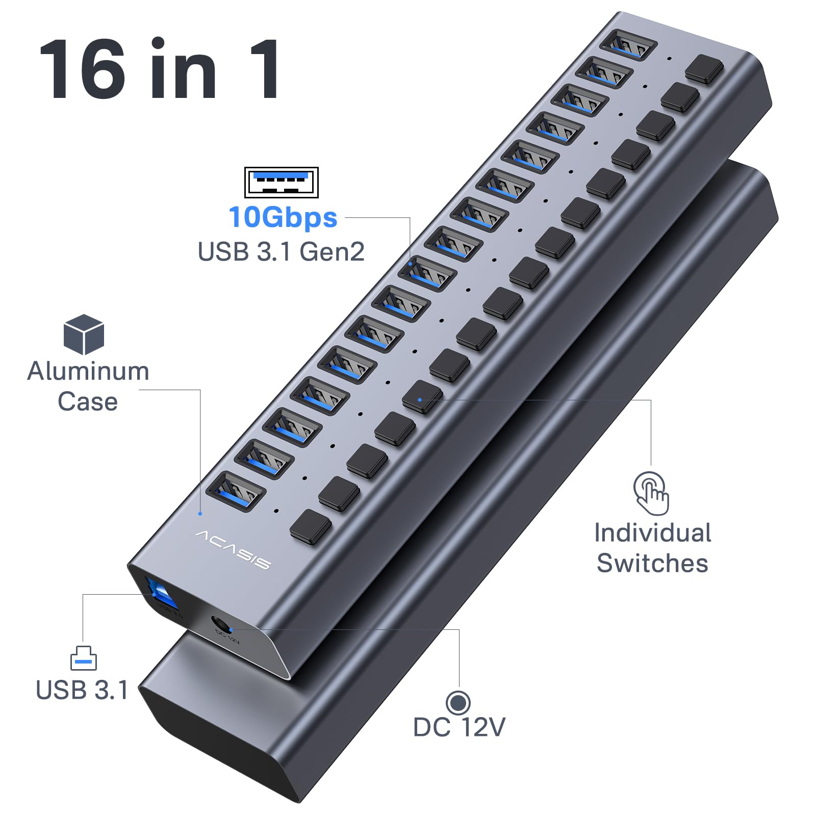 Powered Usb 3.1 Hub, Acasis 16 Ports Usb 3.1 Hub With 10Gbps Data Speed,Aluminum Housing, Usb Hub Powered With 96W Power Adapter, Usb Hub For Pc/Laptop, Computer, Flash Drive, Printer, Camera