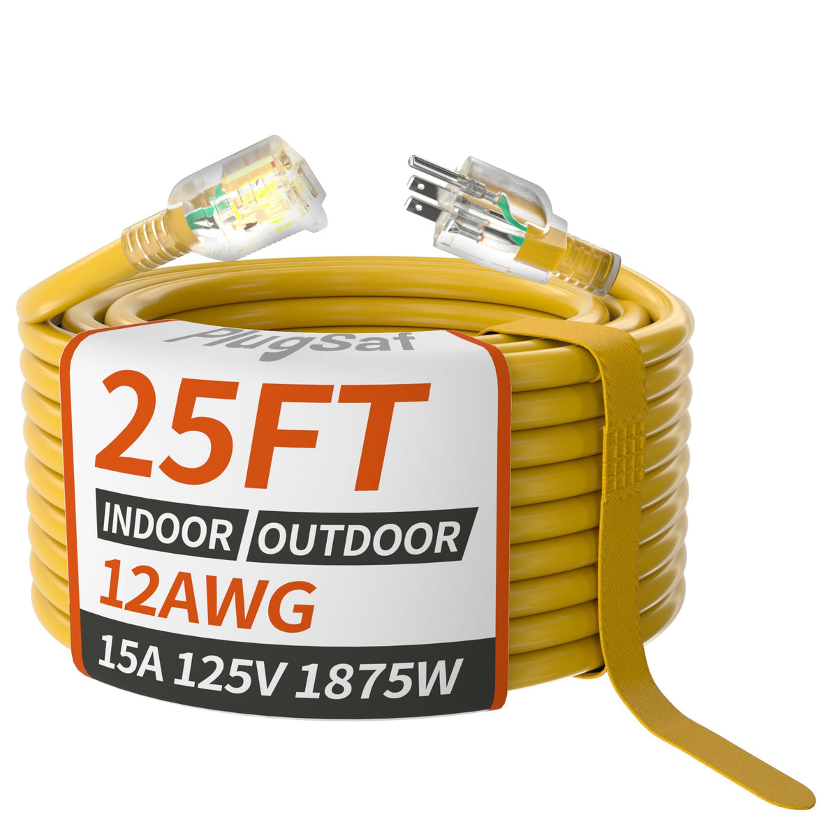 Plugsaf 25Ft 12/3 Gauge Outdoor Extension Cord Waterproof With Lighted Indicator,12 Gauge Sjtw Heavy Duty 15Amp 1875W,3 Prong Co