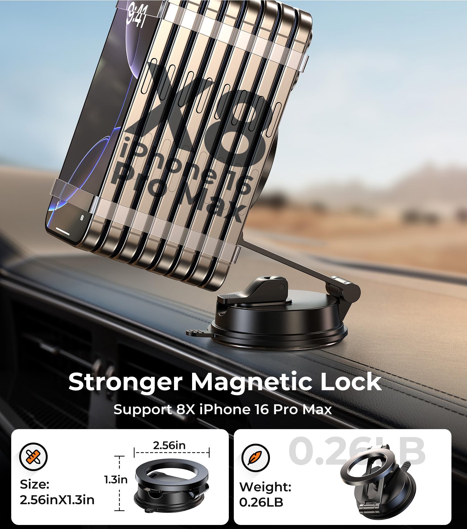 ?Vacuum Suction Folding Car Mount? Magnetic Car Phone Holder For Magsafe, Aerospace Alloy Arm, Best Dashboard/Windshield/Screen