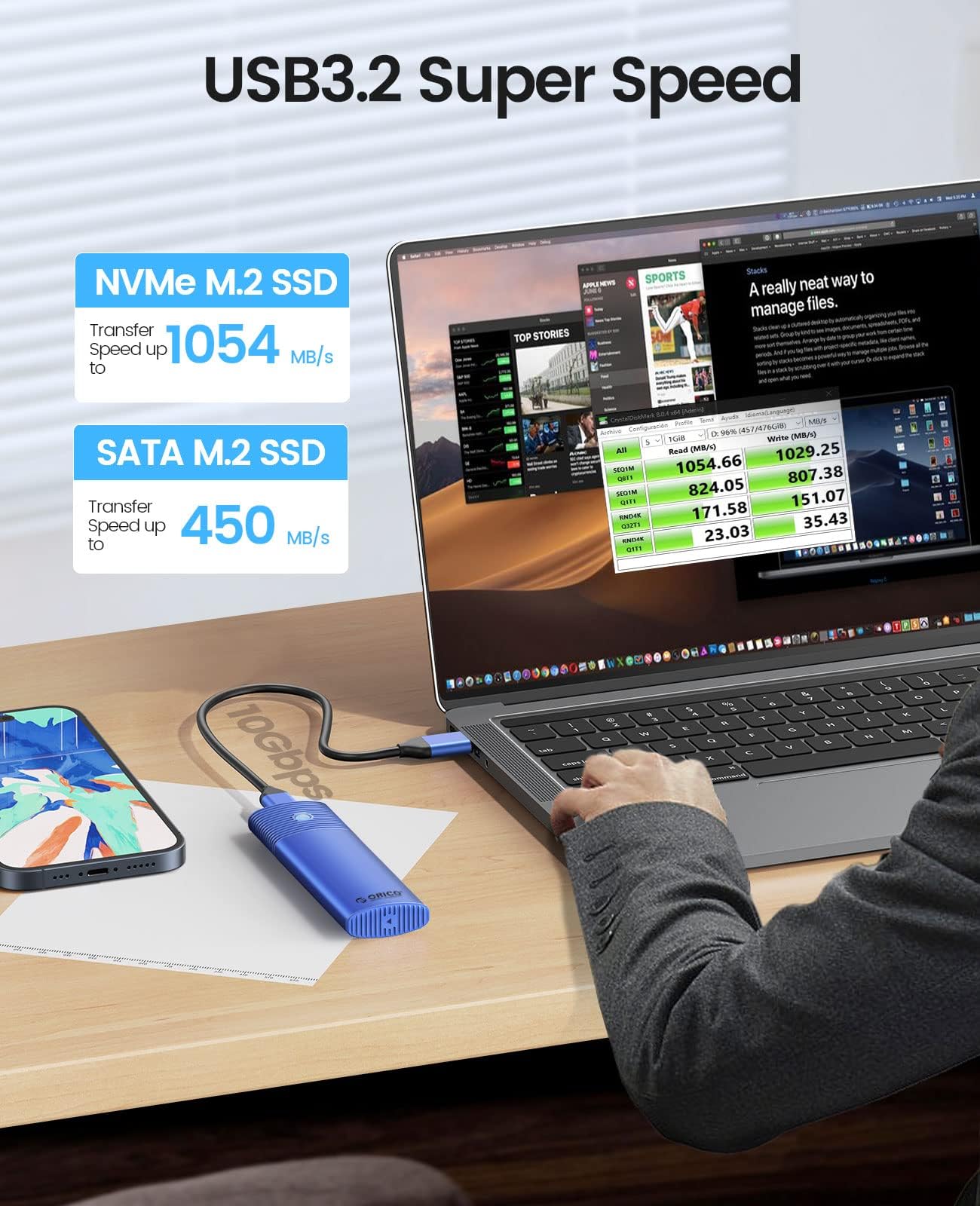 Orico M.2 Nvme Sata Ssd Enclosure Adapter Tool-Free, Usb C 3.2 Gen 2 10Gbps Nvme, 5Gbps Ngff Sata Pcie M-Key(B+M Key) 2230/2242/