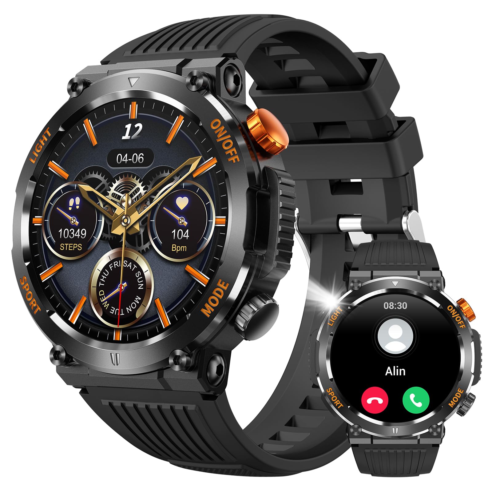 Military Smart Watch For Men Answer/Make Call, Outdoor Waterproof Tactical Sports Smartwatch With Led Flashlight Compass, Heart