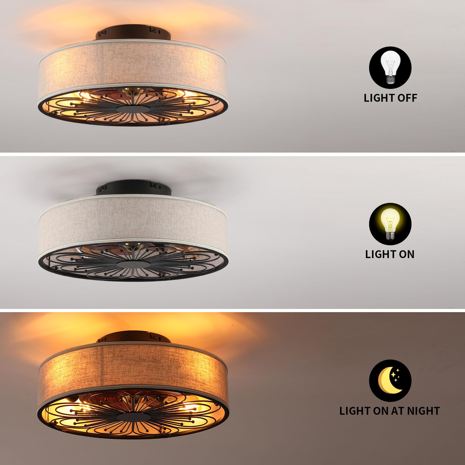 Alaruder Caged Ceiling Fans With Lights Flush Mount,Low Profile Ceiling Fan With Remote,20 Inch Farmhouse White Ceiling Fan For