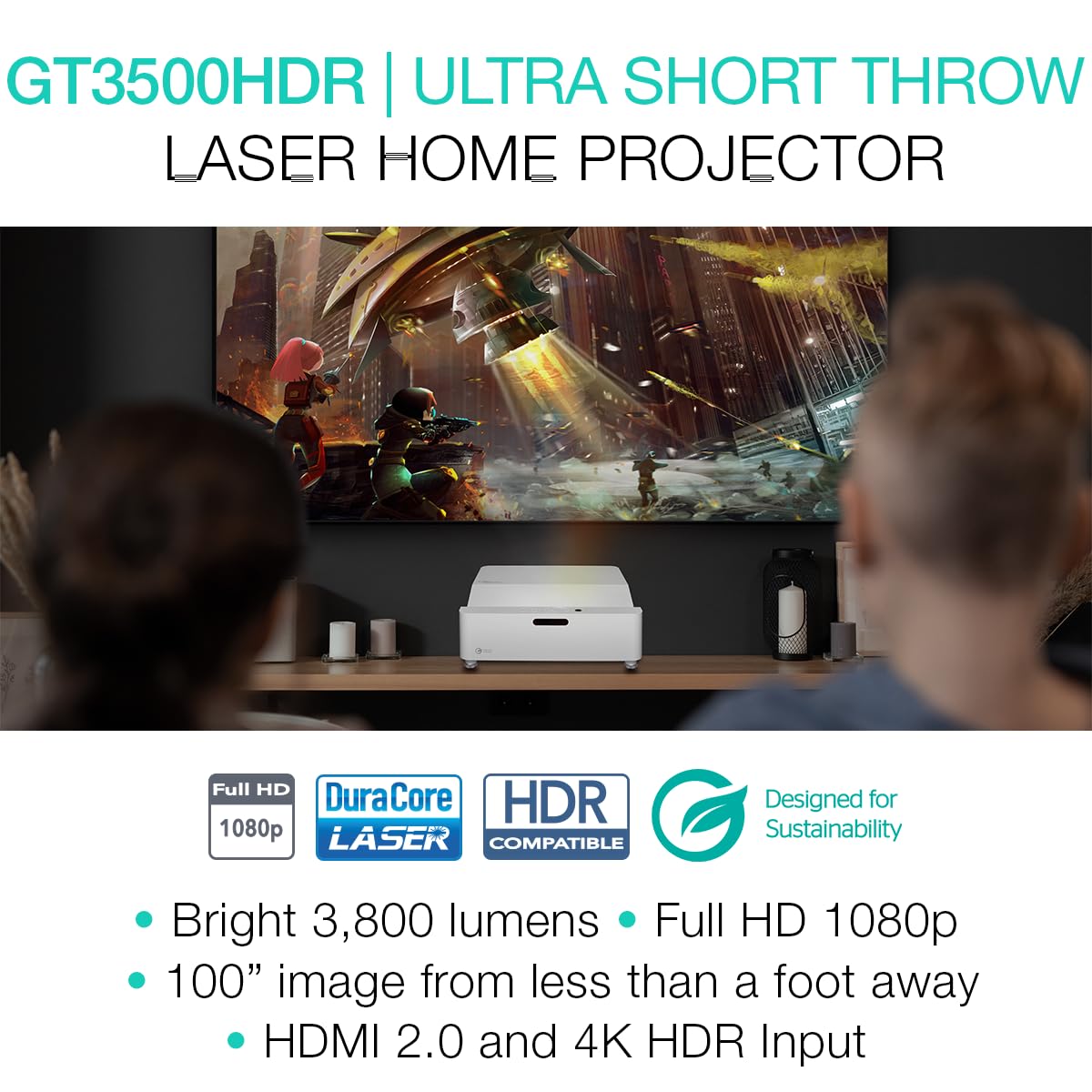 Optoma Gt3500Hdr Projector With Enhanced Gaming Mode 8Ms Input Lag   Ultra Short Throw, 1080P Full Hd, 4K Hdr Input, 3800 Lumens Brightness, Duracore Laser, Built In Speaker