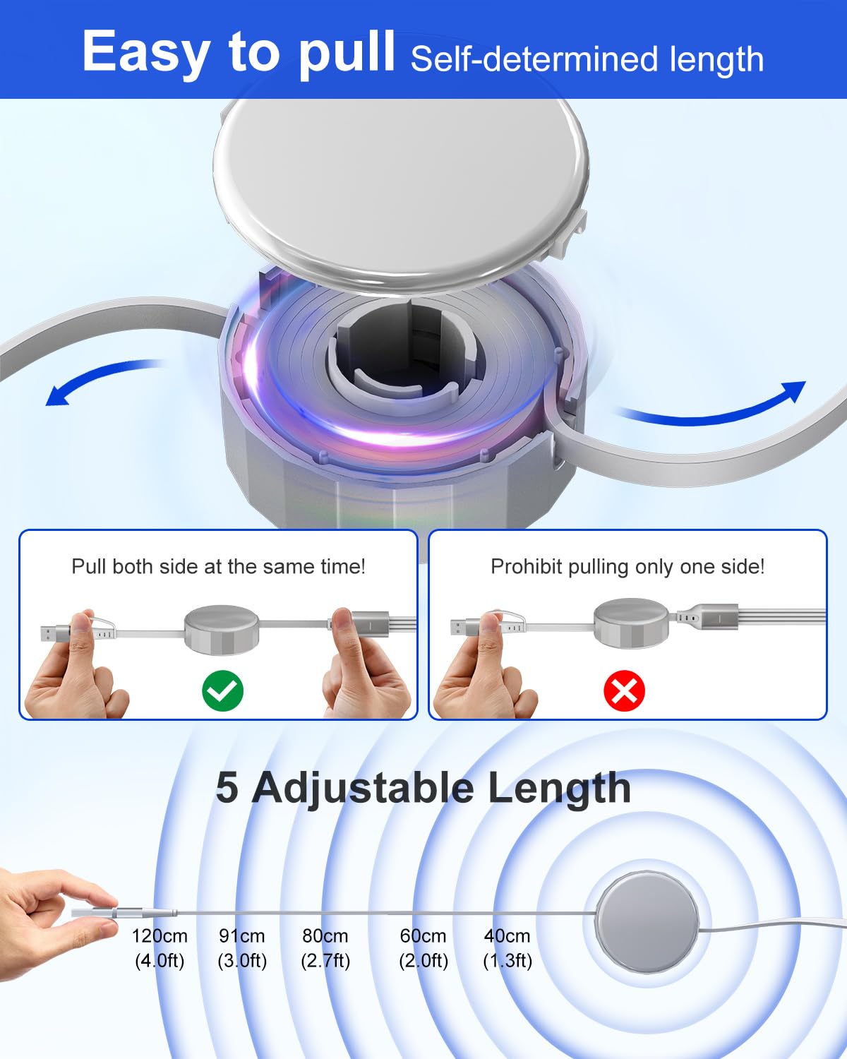Retractable Multi Charging Cable With Apple Watch Charger - 100W Retractable 4 In 1 Charging Cable With Lightning/Micro/Type C/I