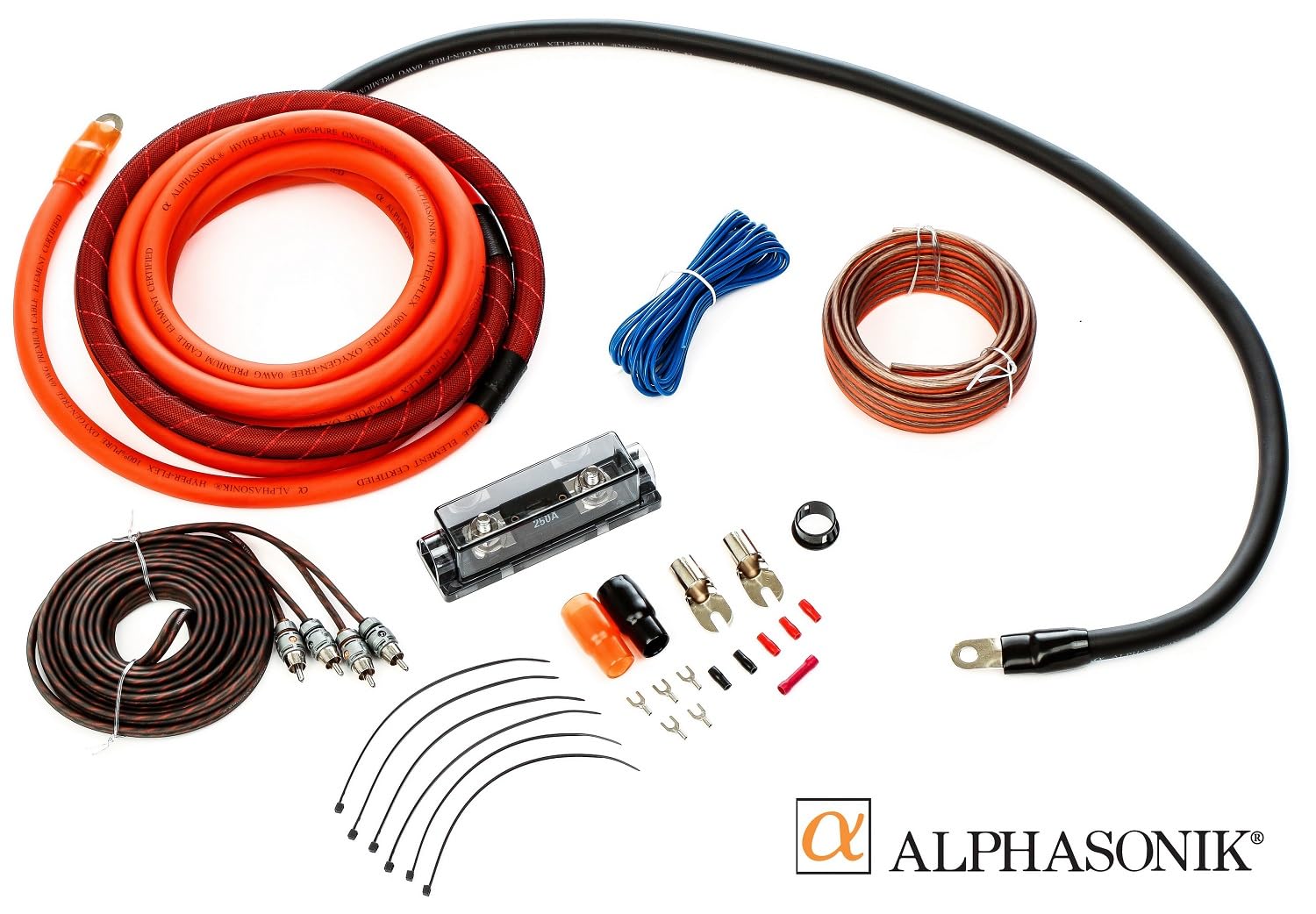 Alphasonik Aak0G Premium 0 Gauge Complete Car Amplifier Installation Kit Hyper Flex Power, Ground, Speaker Wire Rca Cable   Exce