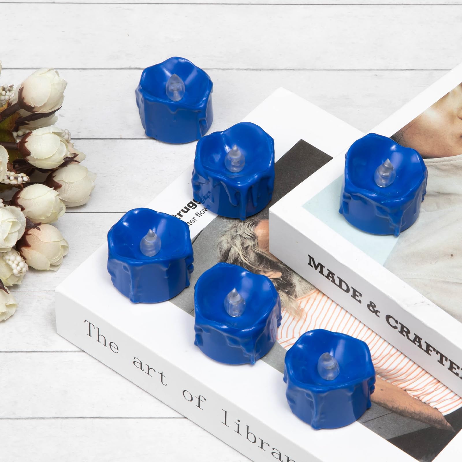 Windshell Blue Flickering Flame Tealight Candles With Timer, Melting Design (Plastic), Battery Operated Led Flameless Royal Blue