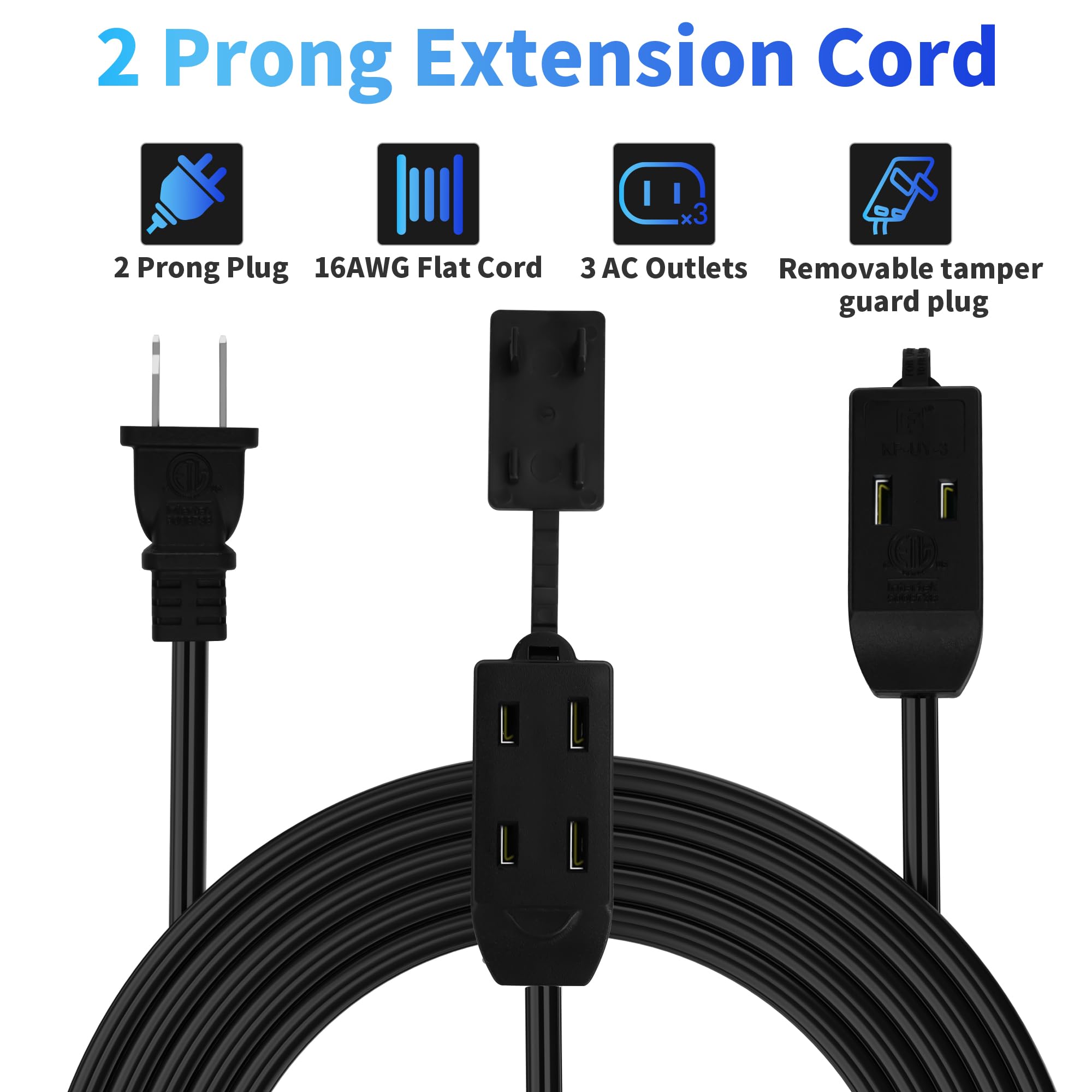 2 Prong Extension Cable 25 Ft, Extra Long Power Cord With 3 Outlets, Flat Multiple Cable With Tamper Guard, Etl Listed, Outlet S