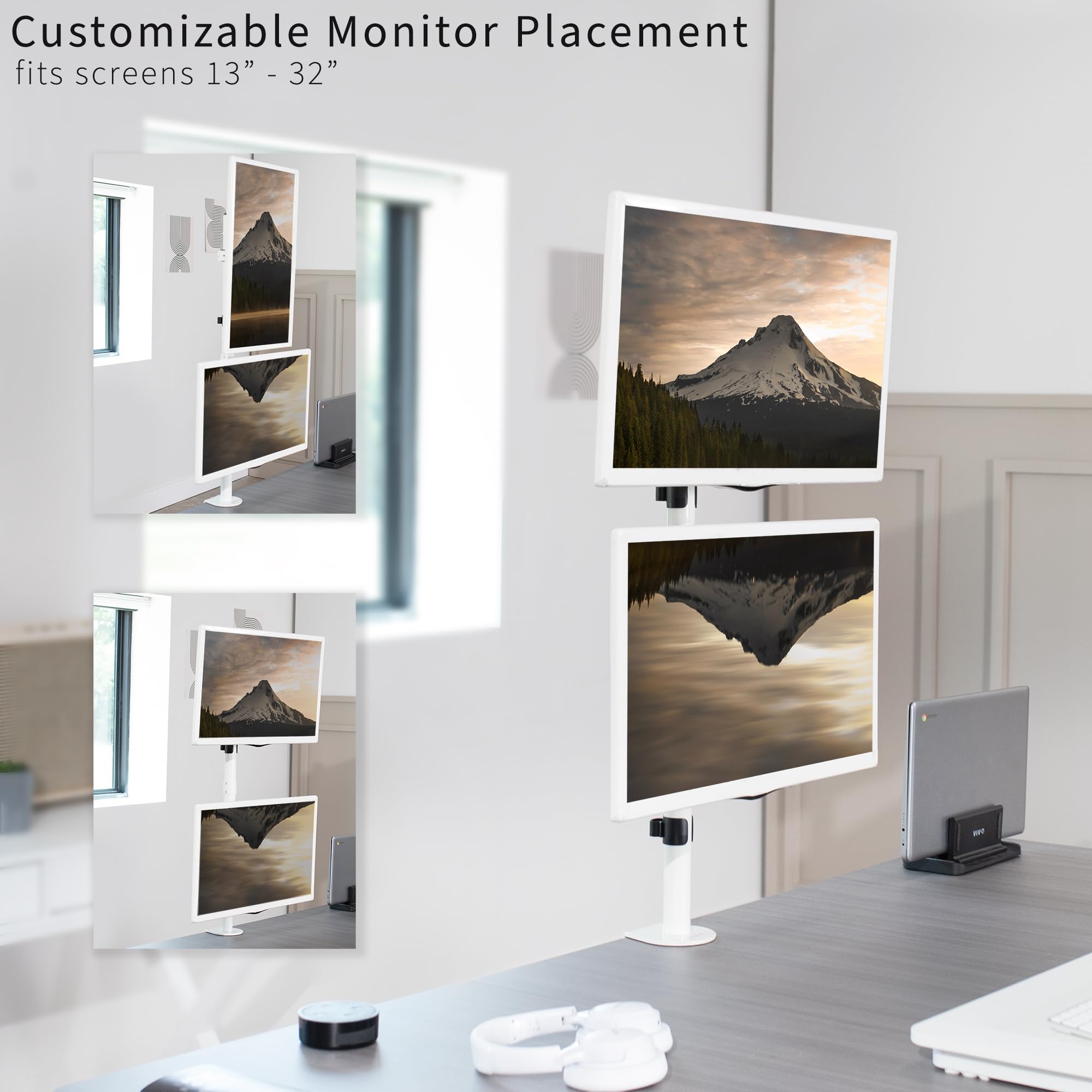 VIVO Dual Vertically Stacked LCD Monitor Desk Mount, Extra Tall Heavy Duty Adjustable Stand for 2 Ultrawide Screens up to 34 inches, 22 lbs Capacity, White, STAND V002TW