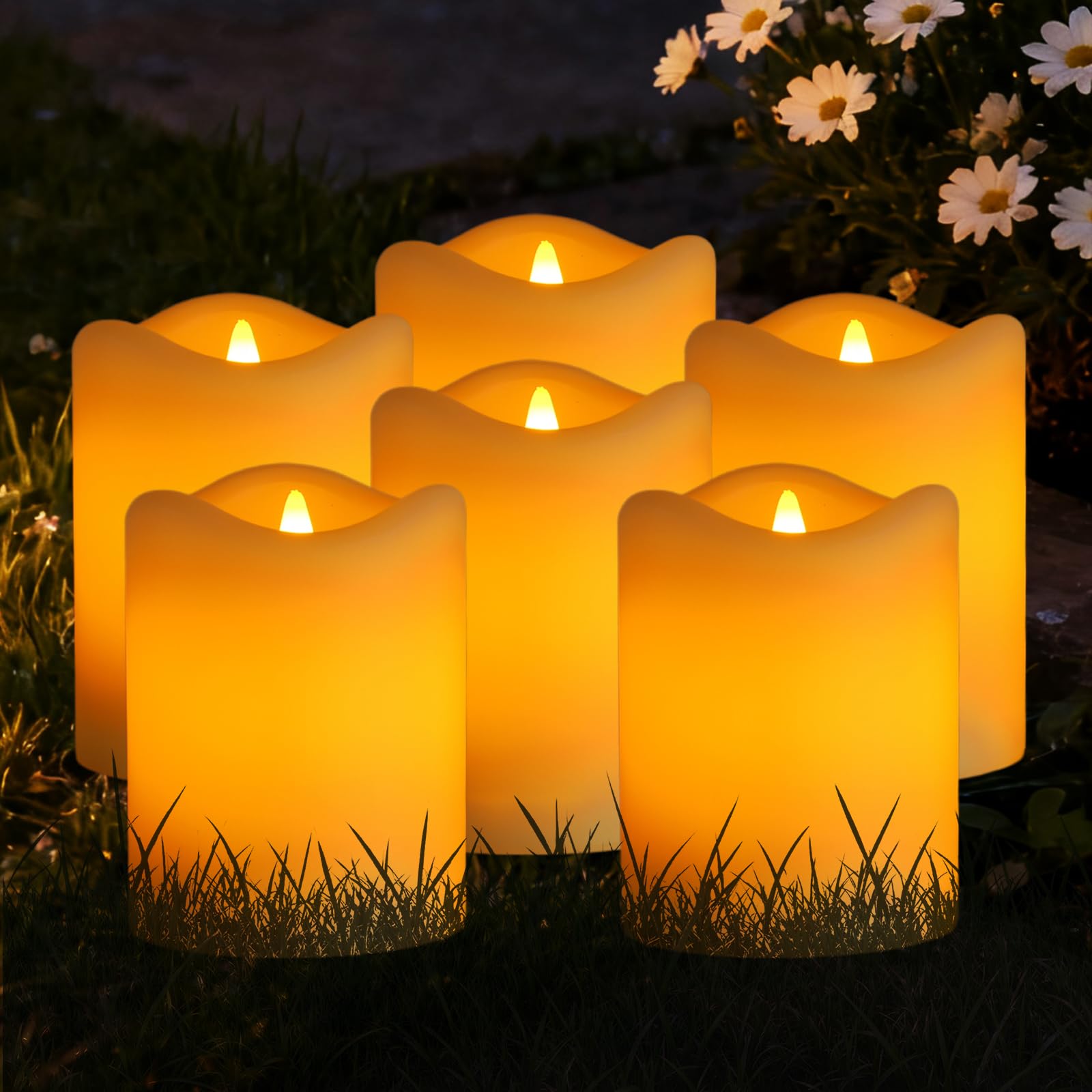 Glosola Solar Powered Candles Outdoor 6 Pack, 3x4 IP65 Waterproof Rechargeable Solar LED Lights, Dusk to Dawn Sensor Pillar Cand