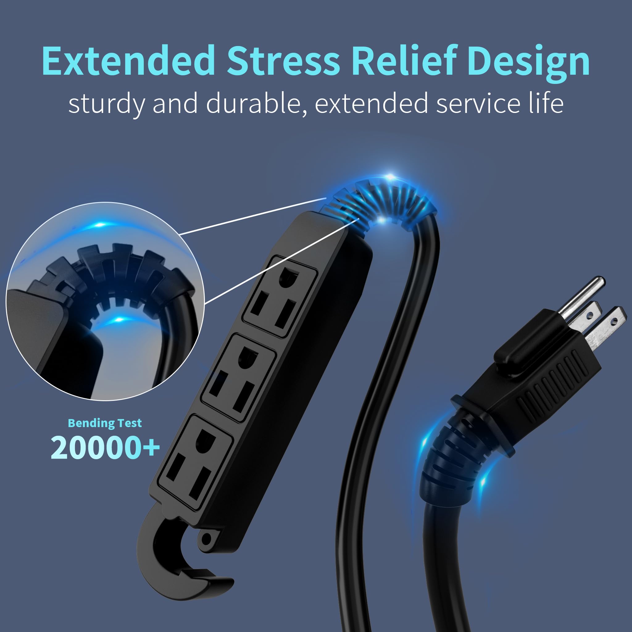 Energeaster 16/3 25 Ft 3 Outlet Extension Cord Outdoor Waterproof, Black Extension Cords With Multiple Outlets, 3 Prong Electric