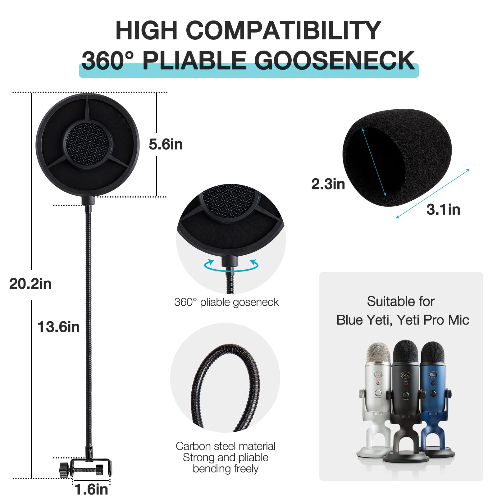 Blue Yeti Pop Filter Foam Windscreen   5.5 Inch Diam 6 Layers Pop Filter for Mic Cover Yeti Pop Screen Compatible with Blue Yeti Microphone Professional Metal Pop Filter by YOUSHARES