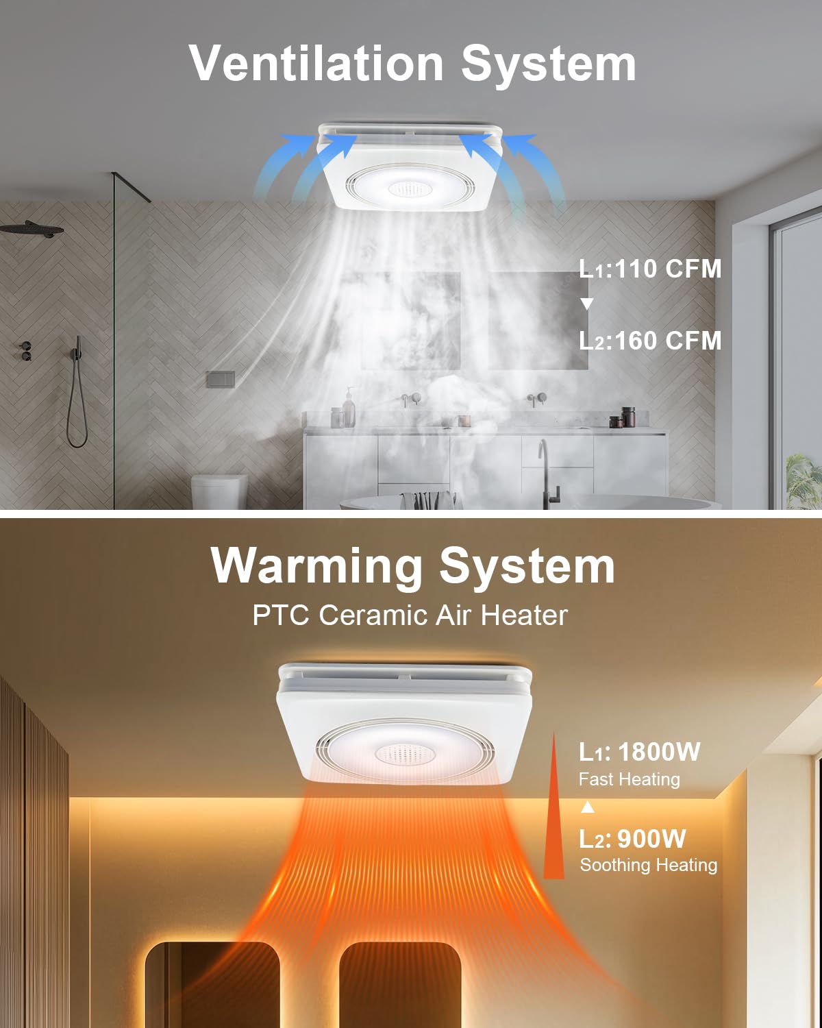 Growneer Bathroom Fan With Bluetooth Speaker, 110/160 Cfm 1.0 Sone Bathroom Exhaust Fan With Heater, Exhaust Fan With Light & Re