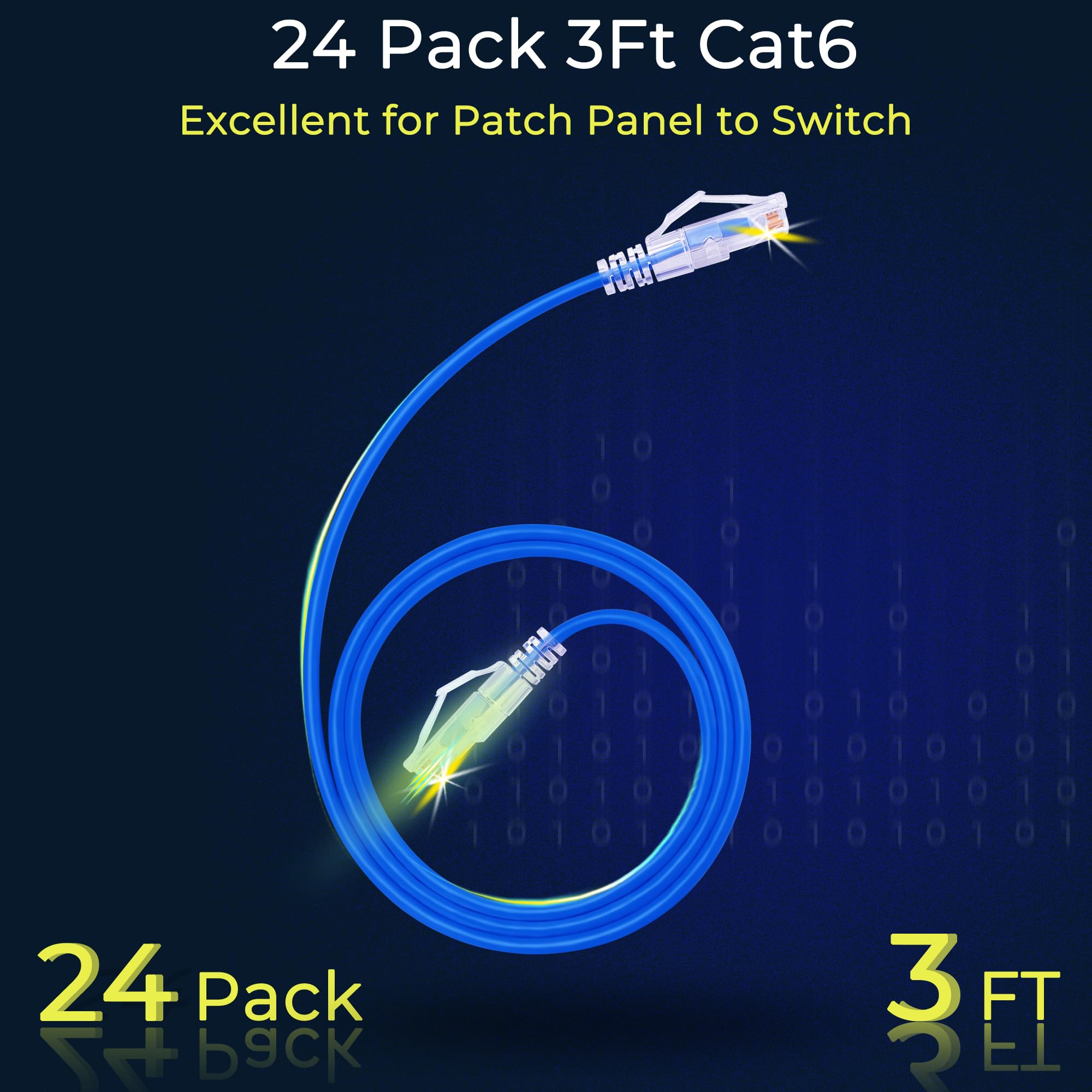 Rapink Patch Cables Cat6/ Cat6A 3Ft (24 Pack) Slim, Cat6A Ethernet Patch Cable 10G Support, Snagless Cat 6 Patch Cable For Patch Panel To Switch, Flexiable Cat6 Ethernet Cable Blue