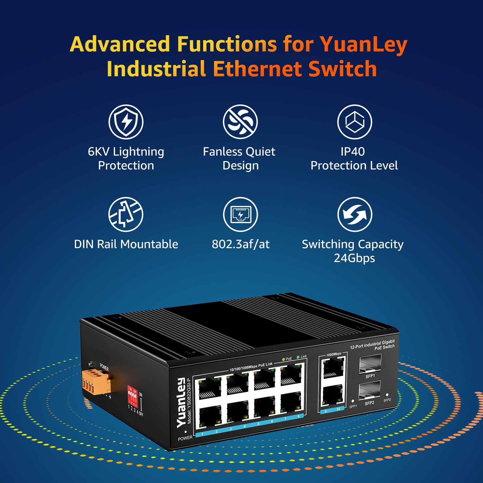 Yuanley 12 Port Industrial Switch With 8 Port Poe Gigabit, 2 1000Mbps Uplink, 2 Sfp Port, Unmanaged Din Rail Poe Switch, Ieee802