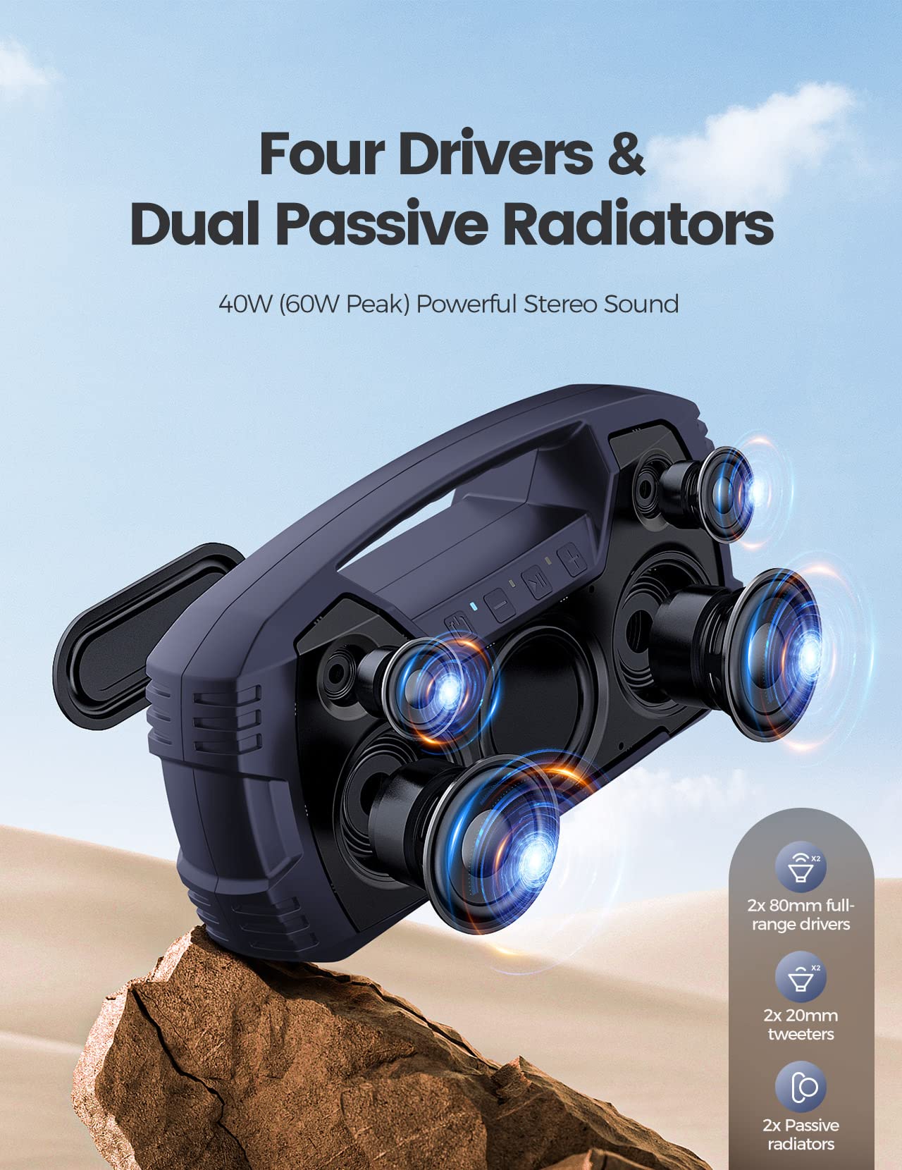 Ipx7 Waterproof Bluetooth Speaker, 40W Portable Wireless Speaker, 32H Playtime, Stereo Loud Sound, Deep Bass, Outdoor Speaker Wi