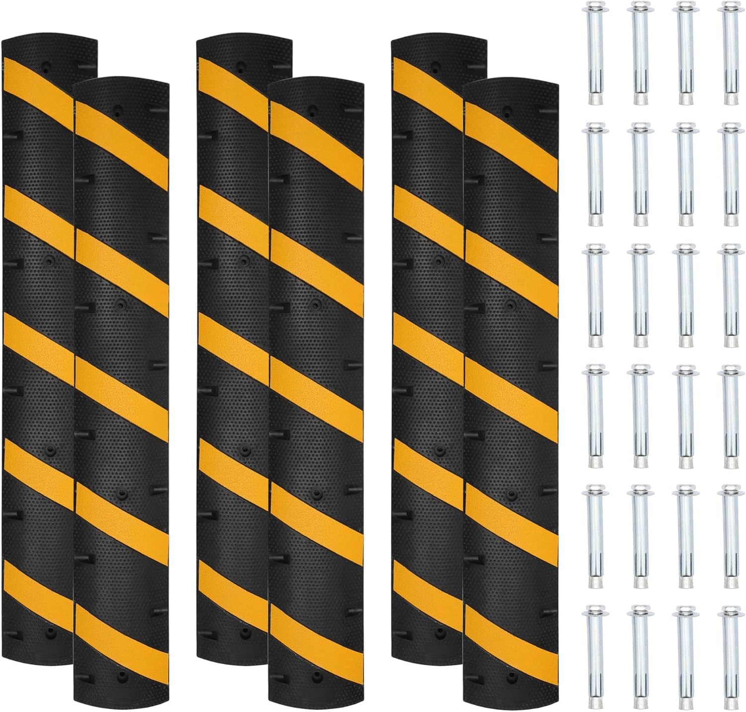 6 FT Heavy Duty Rubber Speed Bump 6-Pack, Driveway Cable Protector Ramp with Installation Bolts for Parking Lots, Garage & Grave
