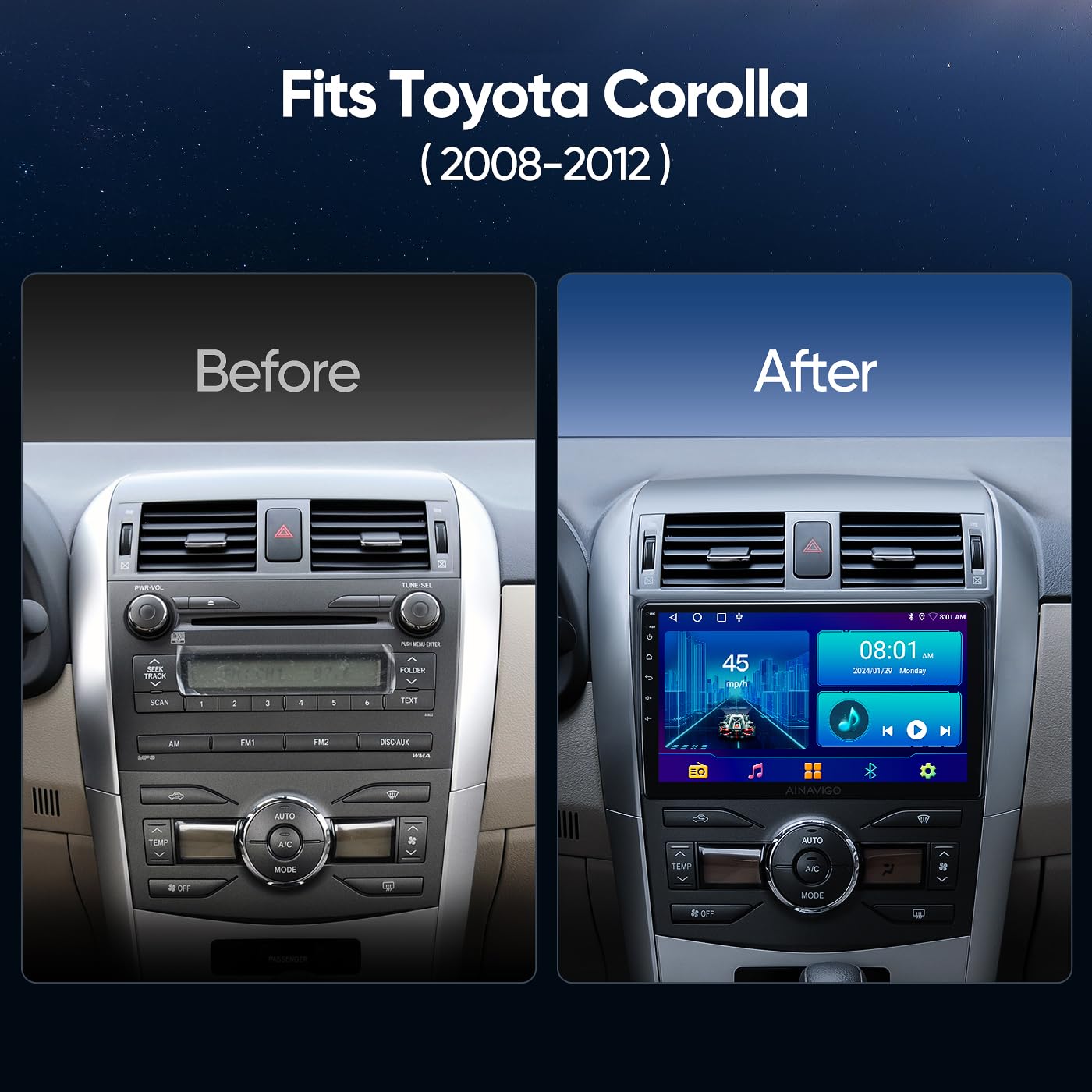 5G Wifi Android 12 Car Stereo For Toyota Corolla 2008 2009 2010 2011 2012, 9 Inch Ips Hd Touch Screen Car Radio Wireless Carplay