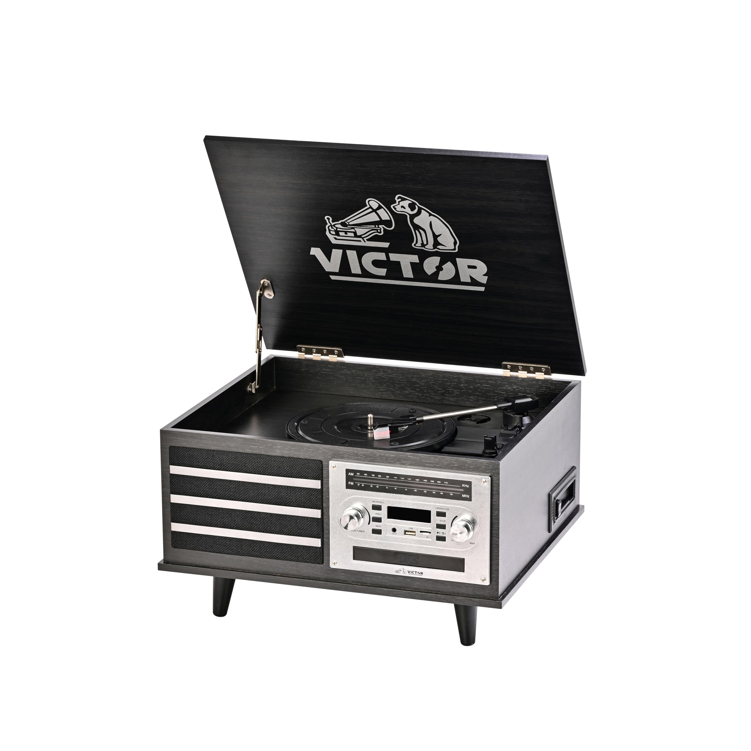 VICTOR VWRP-3700 Monroe Retro 8-in-1 Turntable Record Player and Entertainment Center with Bluetooth and Built in Speakers, Grap