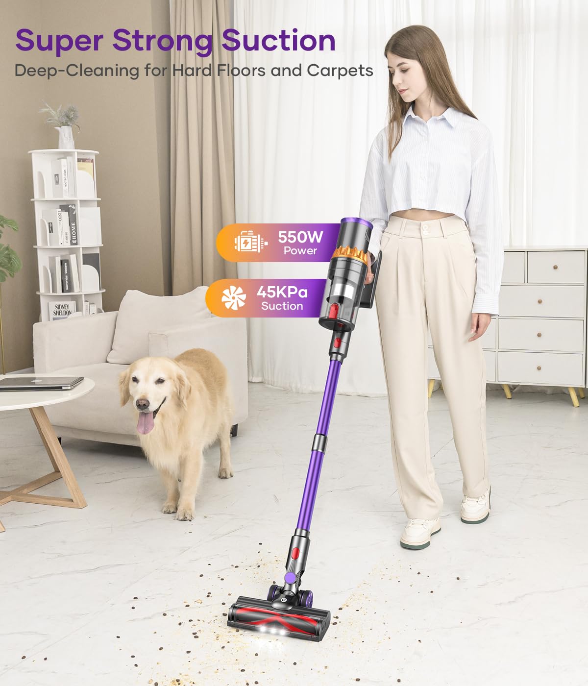 Chebio Cordless Vacuum Cleaner, 550W/45Kpa Stick Vacuum With Smart Display, Max 65Mins Runtime Vacuum Cleaners For Home, Auto Mo