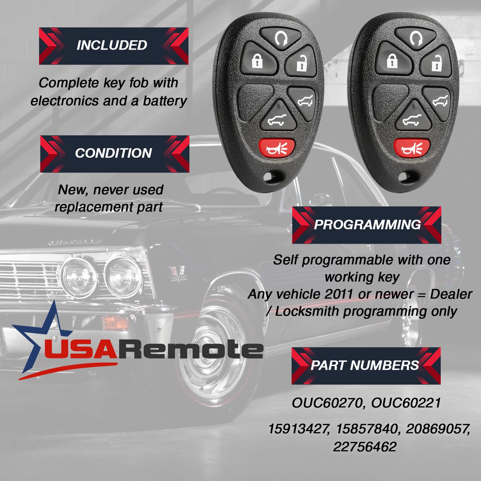 Car Key Fob Keyless Entry Remote With Ignition Key Fits Chevy, Cadillac, Gmc (Ouc60270, Ouc60221), Set Of 2