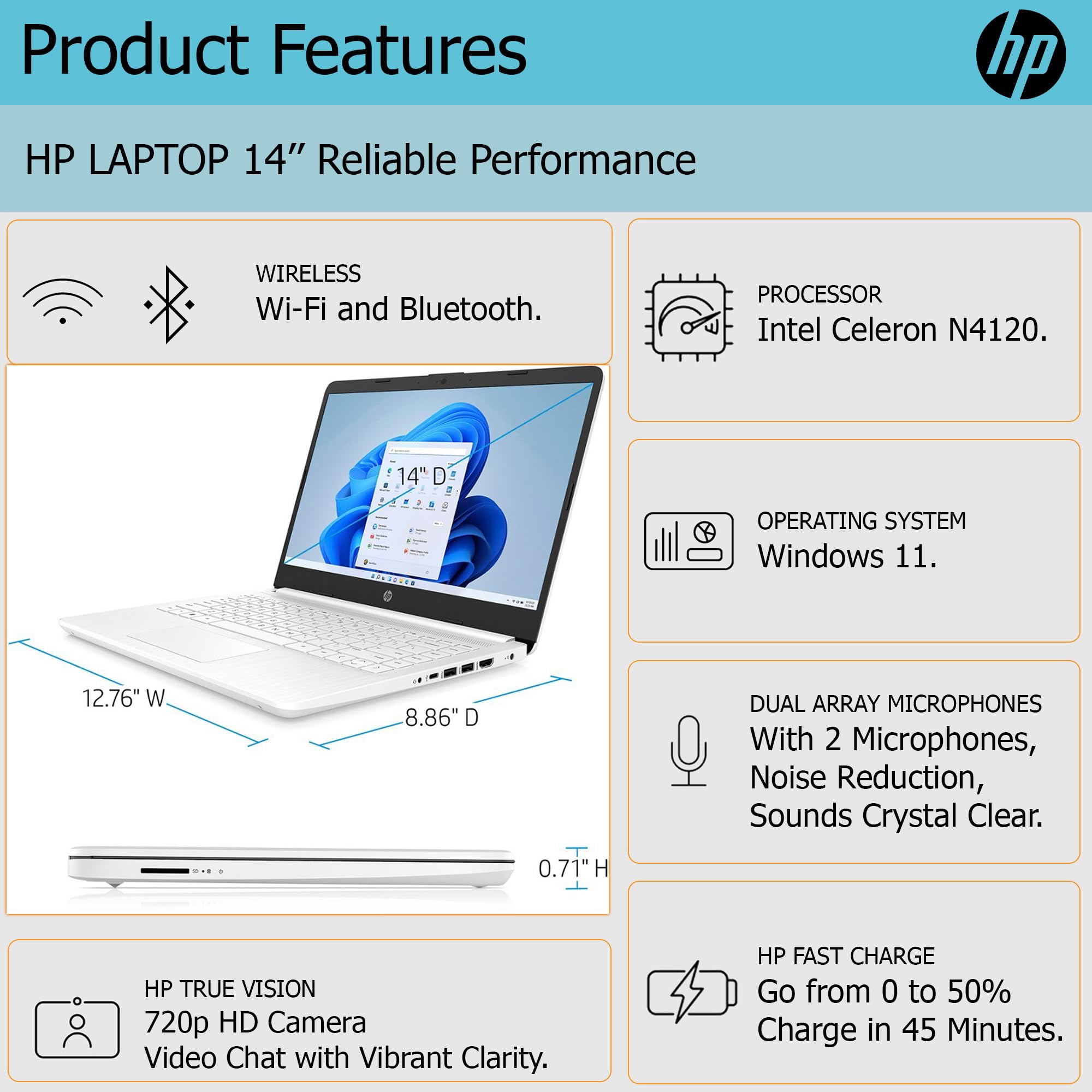 Hp Ultralight 14 Inch Laptop With 1-Year Microsoft 365 And Free Wireless Earbuds, 8Gb Ram, 64Gb Storage With 128Gb External Driv