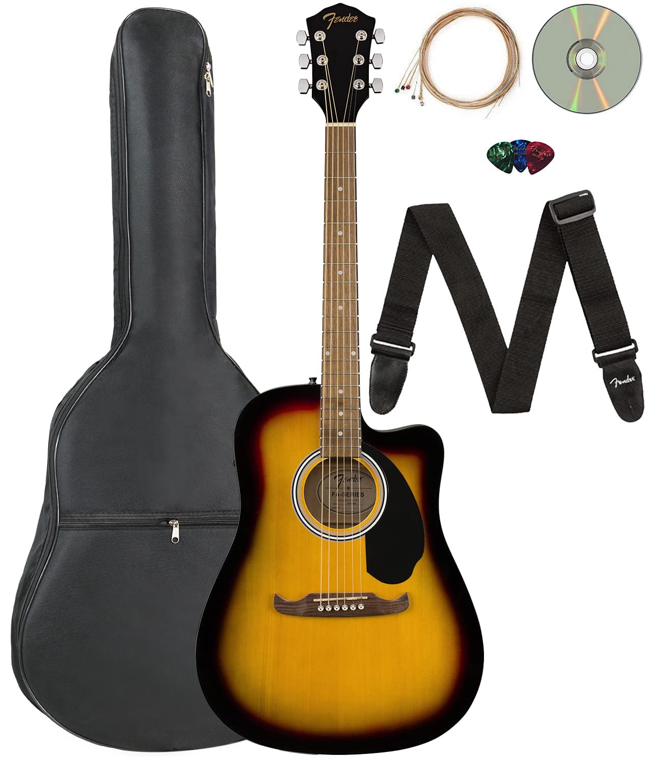 Fender FA-125CE Dreadnought Cutaway Acoustic-Electric Guitar - Sunburst Bundle with Gig Bag, Strap, Strings, Picks, Fender Play 