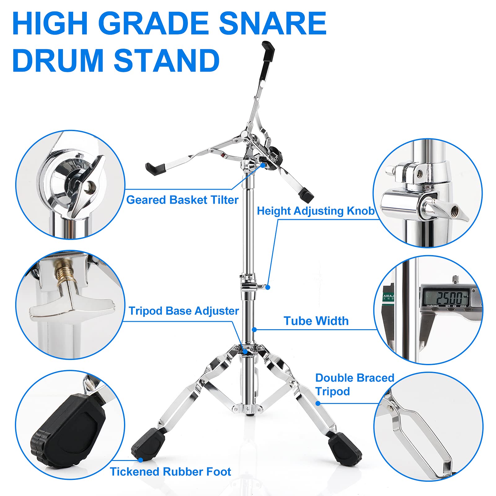 Snare Drum Stand Lightweight Double Braced Adjustable Height With Carrying Bag Fit 10 To 15 Dia Drums