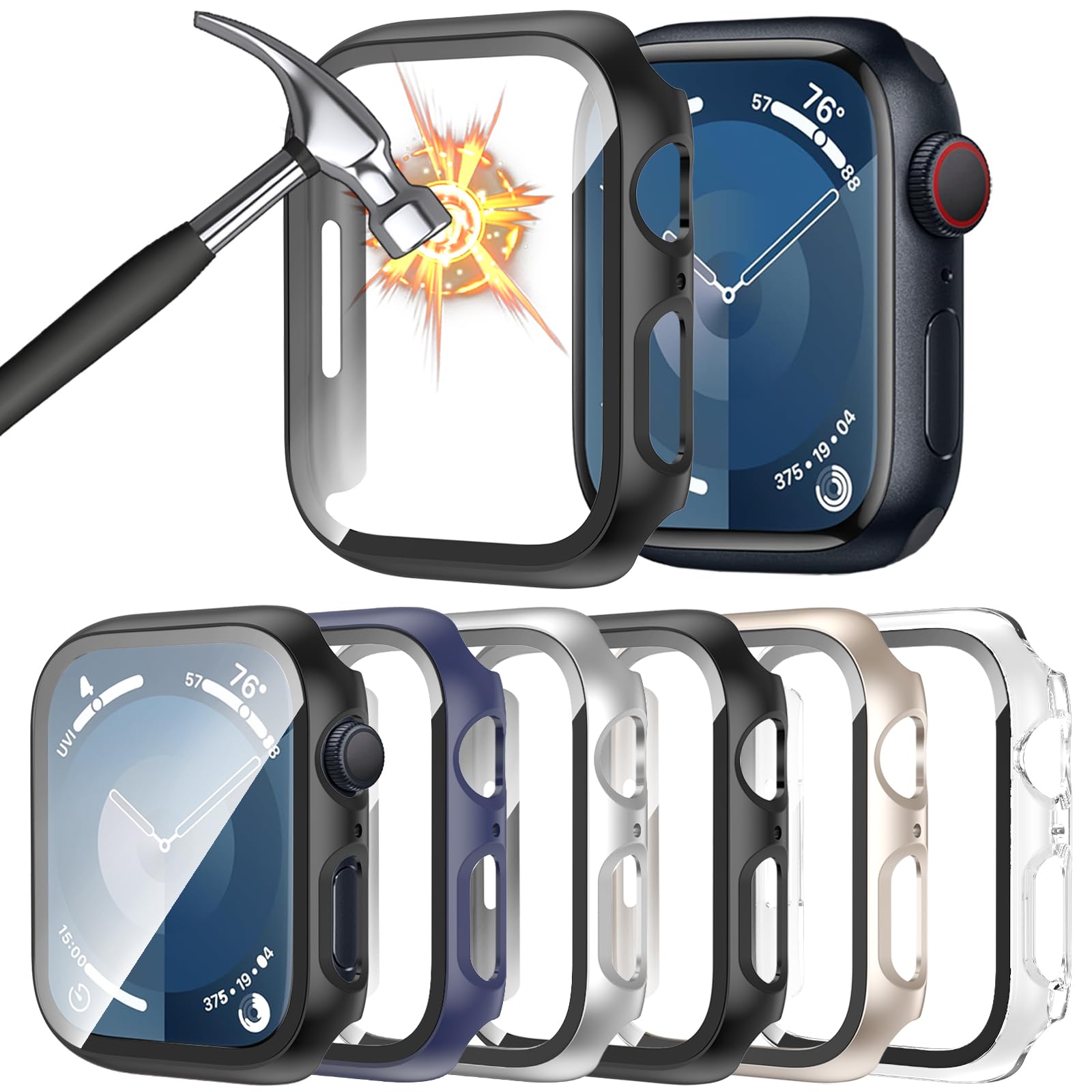 Haanilkyi [6 Pack] Case For Apple Watch 41Mm Series 9 Series 8 Series 7 With Tempered Glass Screen Protector, Ultra Thin Full Co