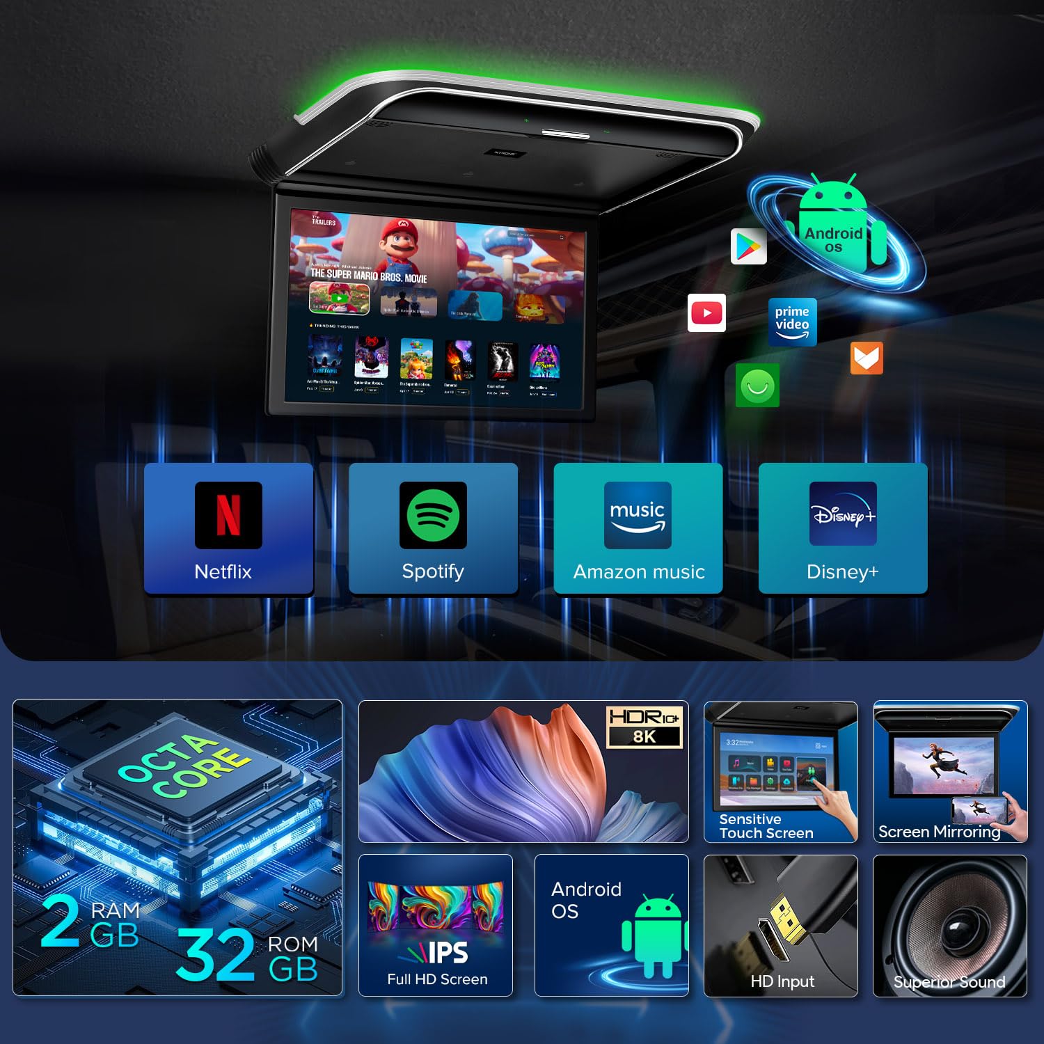 Xtrons Android Car Overhead Player 15.6    Wide Ips Touch Screen 8K Video Car Roof Mount Monitor With Built In Stereo Speakers F