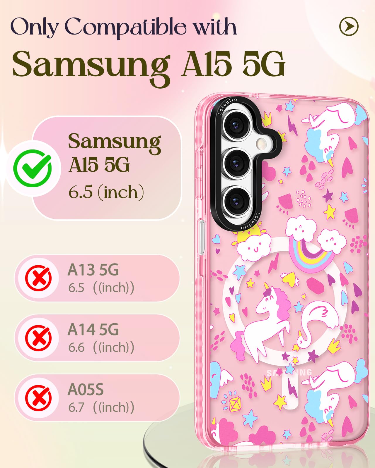 Lotadilo For Samsung Galaxy A15 5G Case For Women - Girls Cute Design Compatible With Magsafe Magnetic Ring Holder Stand Rainbow