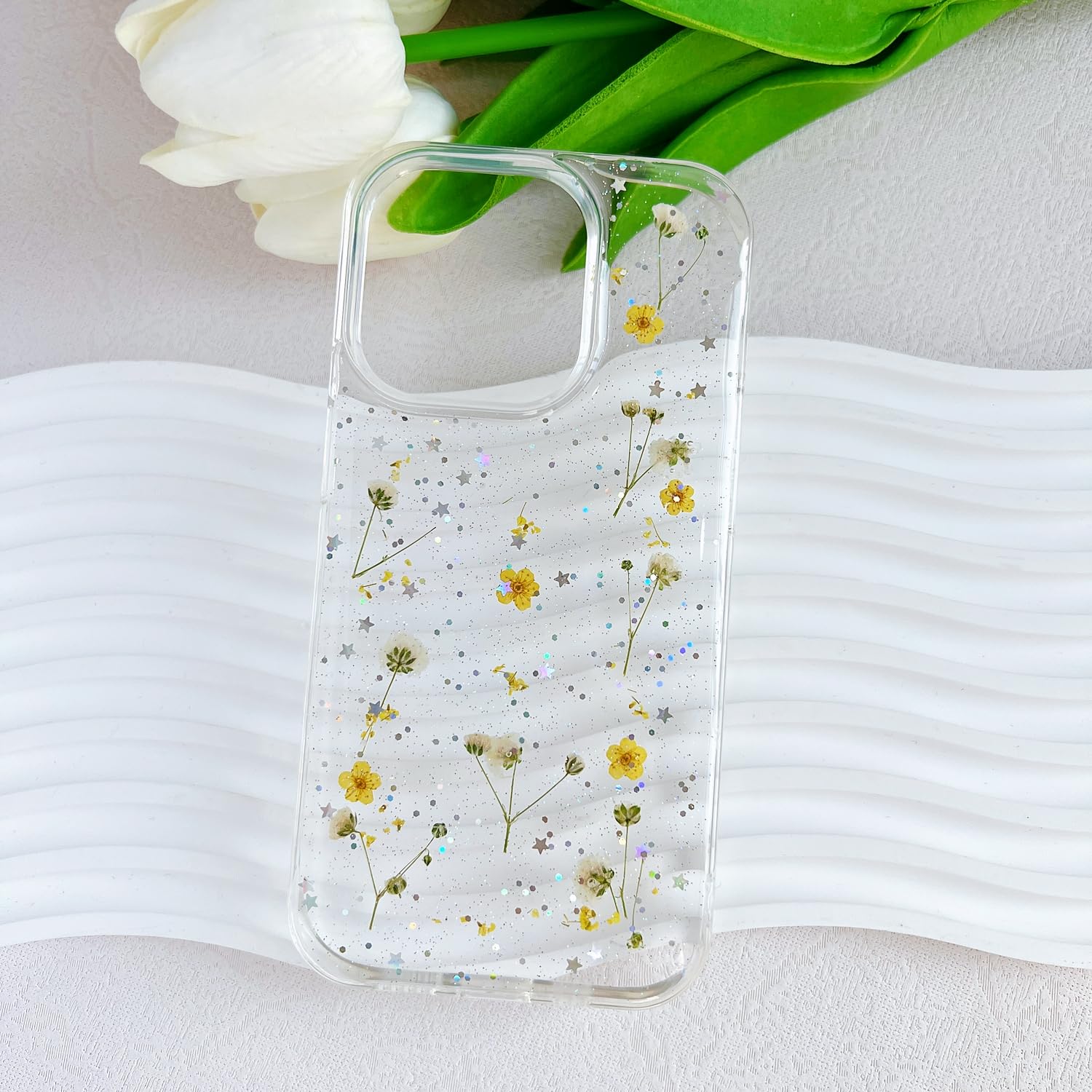 Lseeka For Iphone 14 Pro Clear Case With Pressed Real Flowers Design,Glitter Cute Yellow Floral Pattern Slim Soft Tpu Protective
