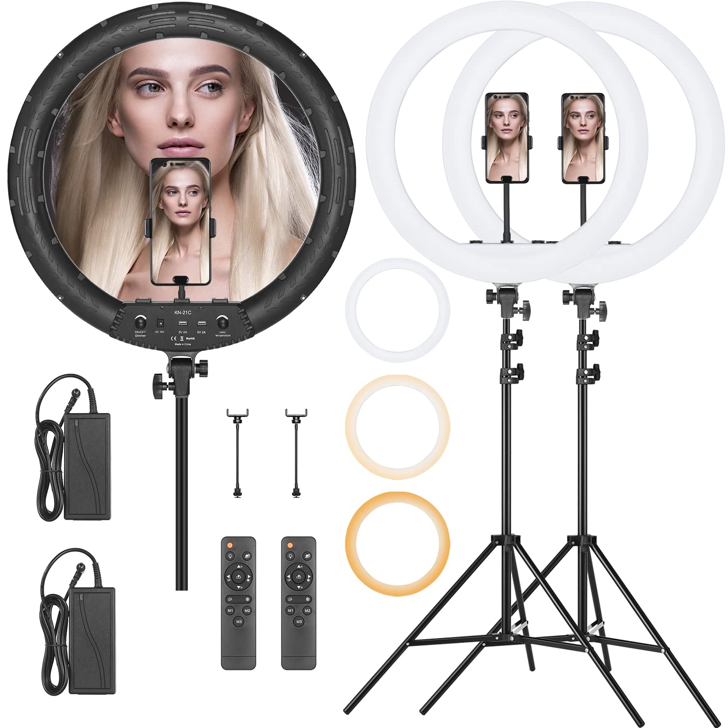 AMBITFUL KN-21C 21inch 53cm Dimmable 3000~6000K Bi-Color LED Ring Light with Tripod and Phone Holder,with Remote, for Makeup, Se