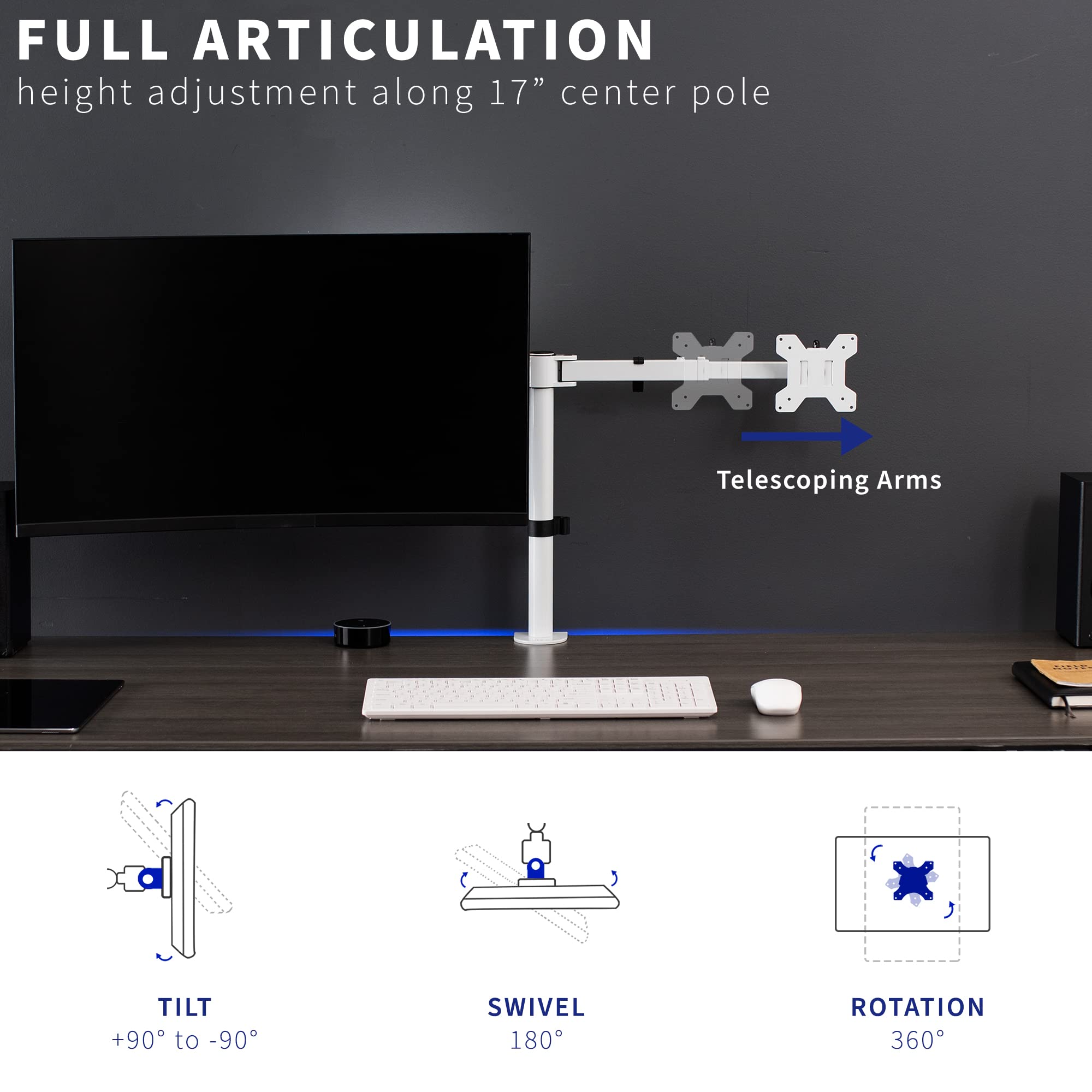 VIVO Dual LCD LED 21 to 32 inch Monitor Desk Mount, Heavy Duty, Adjustable Telescoping Arms, Flush Wall Setup, Fits 2 Screens, White, STAND V002EW