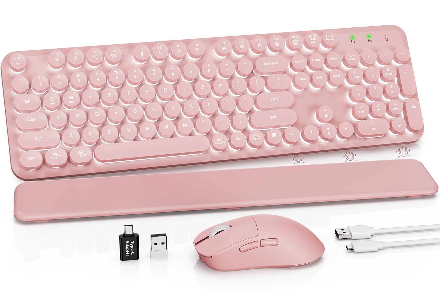 Rechargeable Backlit Wireless Keyboard and Mouse Combo, Retro Typewriter Keyboard with Magnetic Wrist Rest, Light Up Letters, 2.