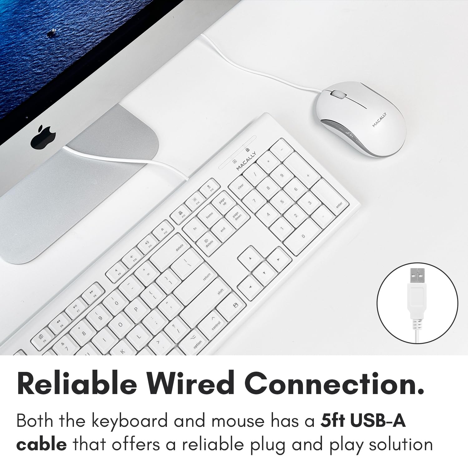 Macally Full Size Usb Wired Mac Keyboard And Mouse Combo - Compatible Ergonomic Apple Keyboard And Mouse With Mac Shortcuts And