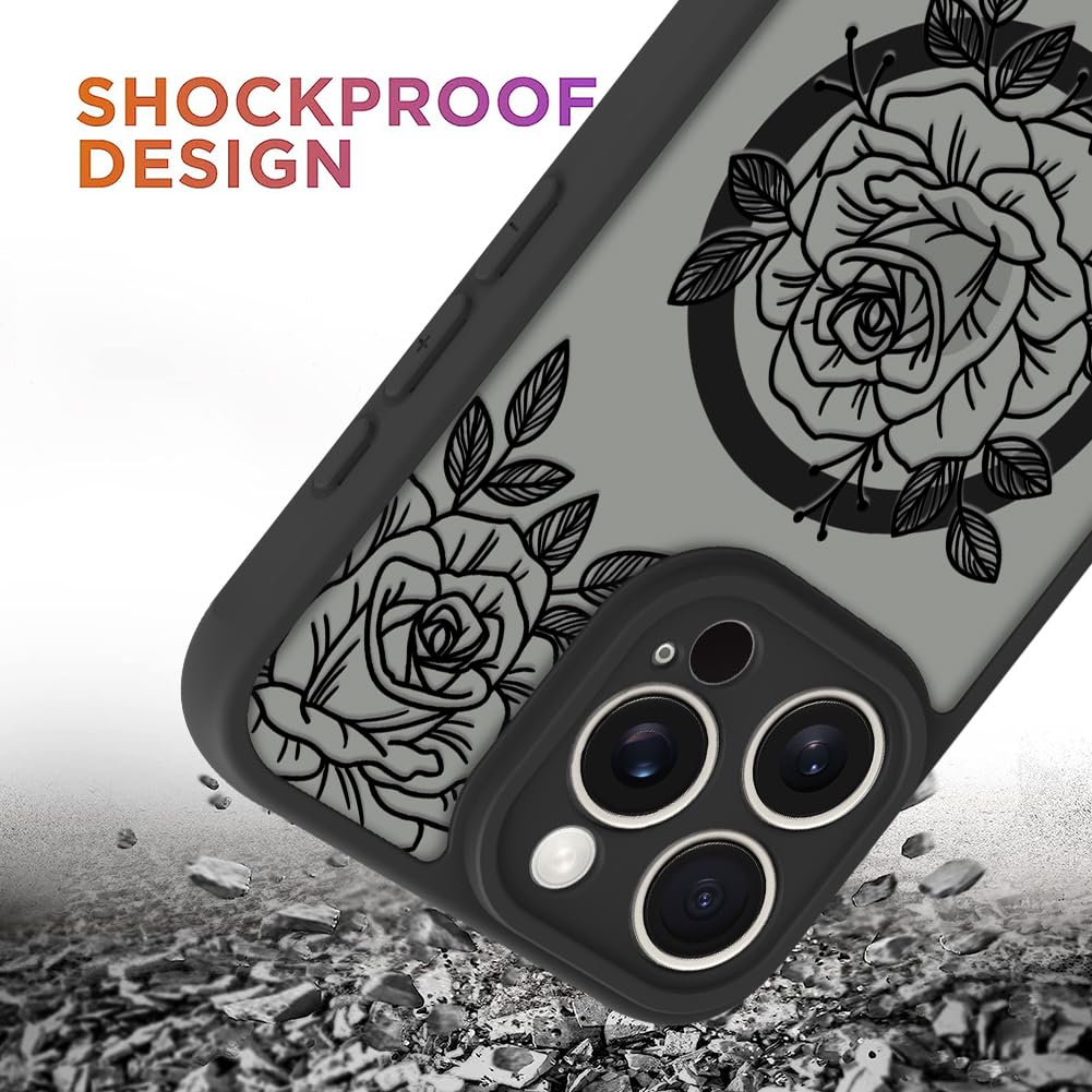 Ook Magnetic For Iphone 15 Pro Max Case Black Flower Floral Pattern [Compatible With Magsafe] Slim Translucent Matte Camera Lens