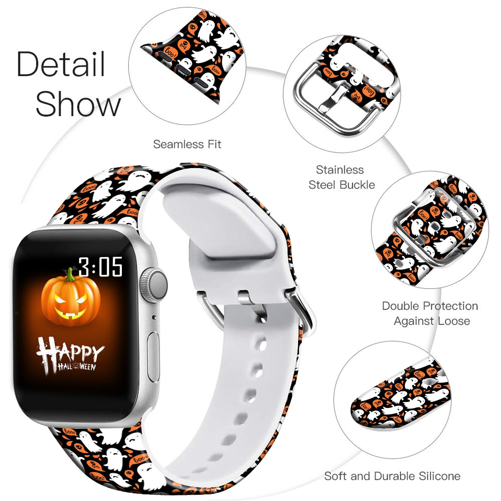 Ftfcase Fall Halloween Floral Silicone Bands Compatible With Apple Watch 49Mm 45Mm 44Mm 42Mm, Halloween Boo Flower Sport Strap R