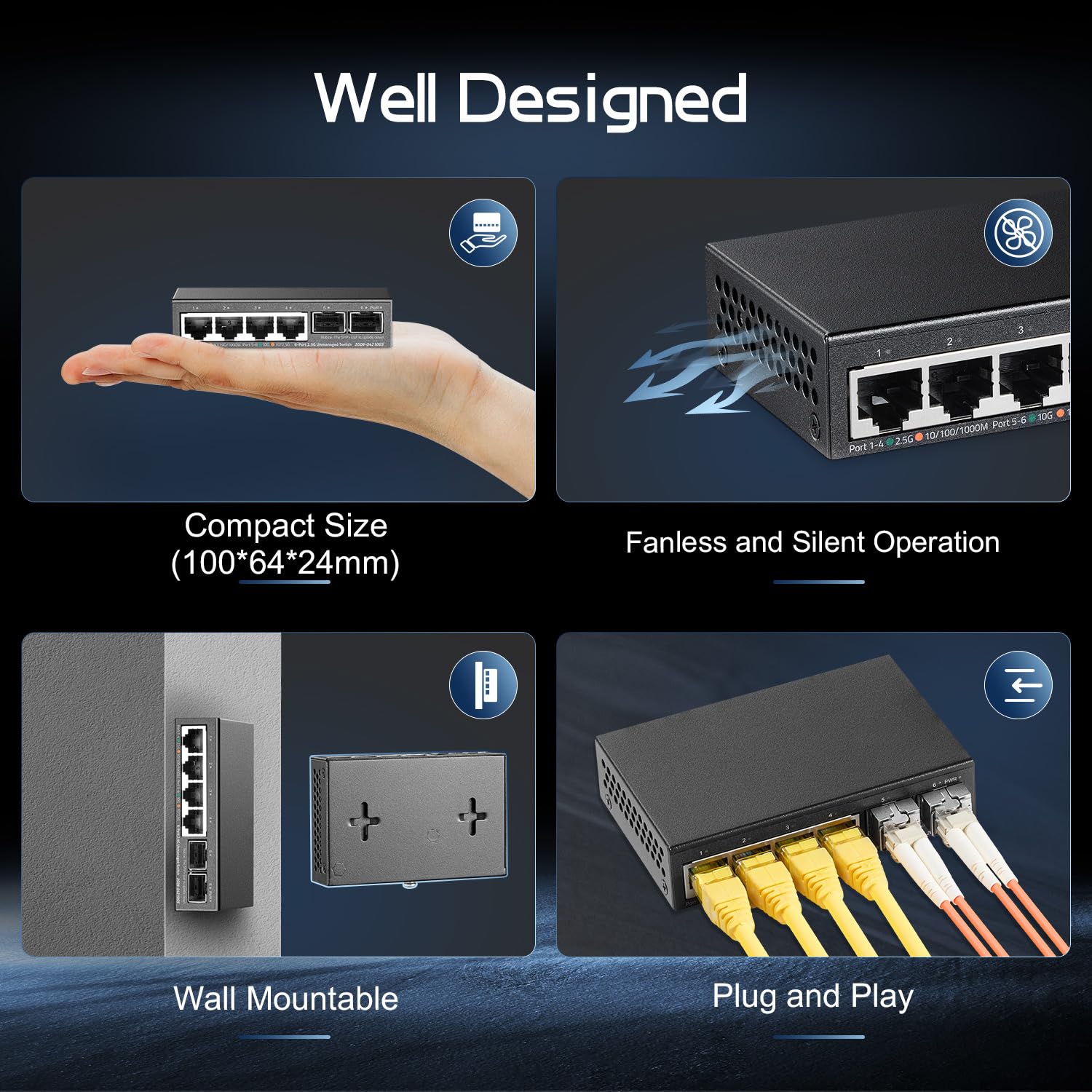 Binardat 4 Port 2.5G Switch With 2X10G Sfp, 4X2.5 Gigabit Ethernet Ports, Ultra Mini Size, Support Vlan, Metal Unmanaged Multi G