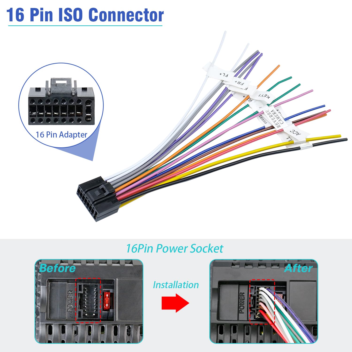 Jayubien 16Pin Android Radio Wiring Harness Adapter, Iso Car Stereo Wire Harness Power Speaker Cable With Butt Connector For Aft