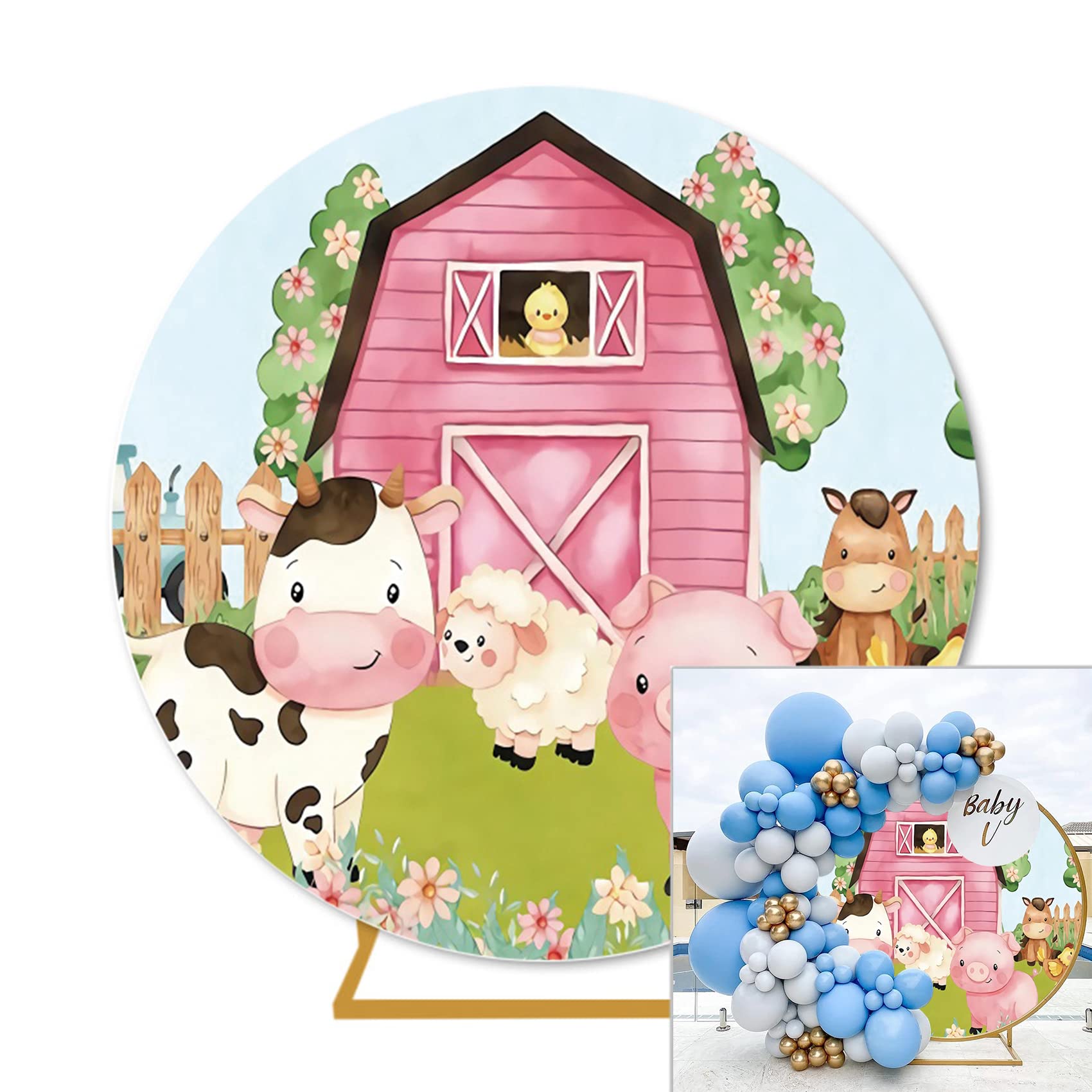 7X7Ft Round Farm Animals Theme Backdrop For Photography Farm Barn Animals Round Backdrop Cover For Kids Party Cartoon Farm Anima