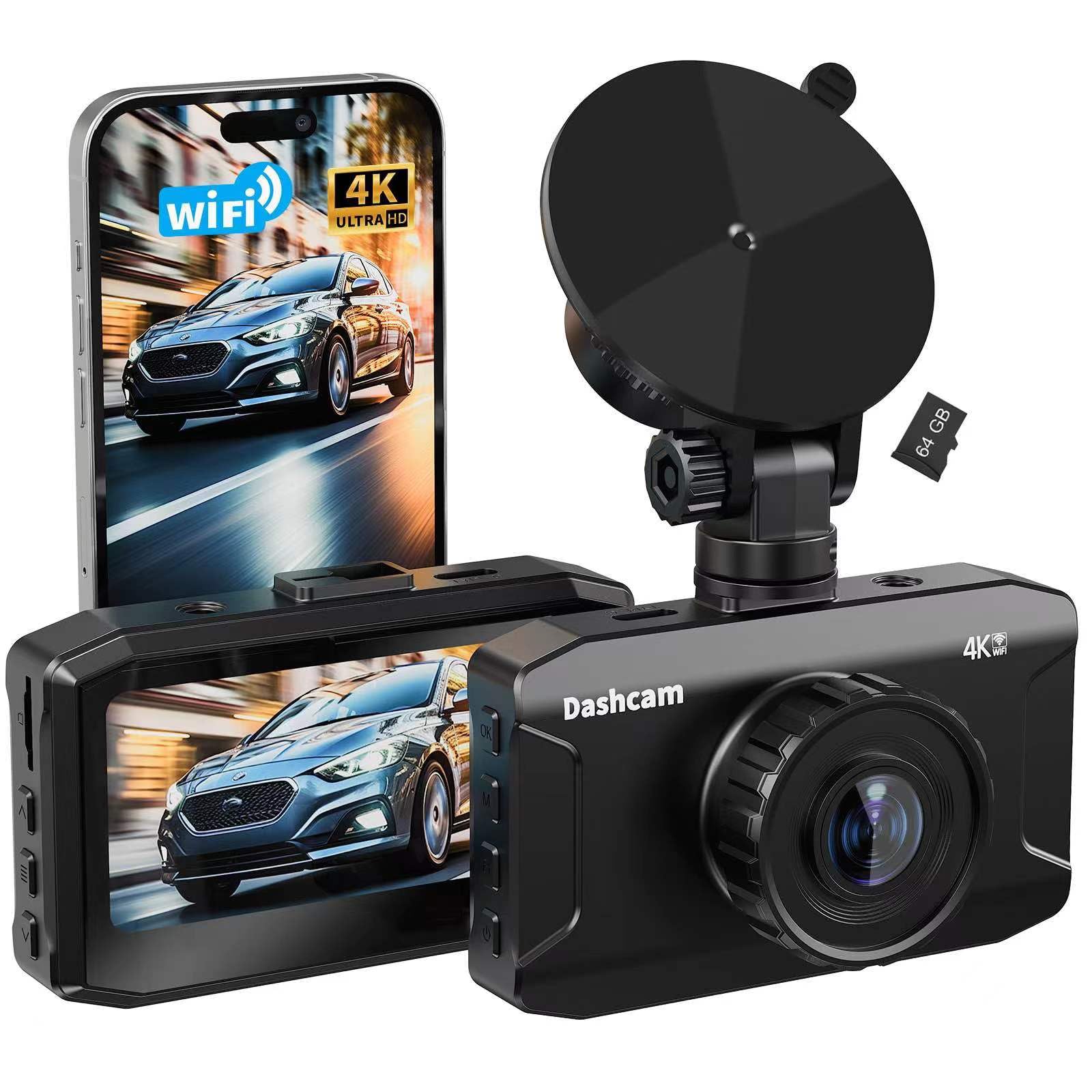 Front Dash Cam 4K, Wifi Dash Camera For Cars With 64Gb Sd Card, Wanlipo Dashcam 170 Wide View, Wireless Car Camera With 3'' Ips