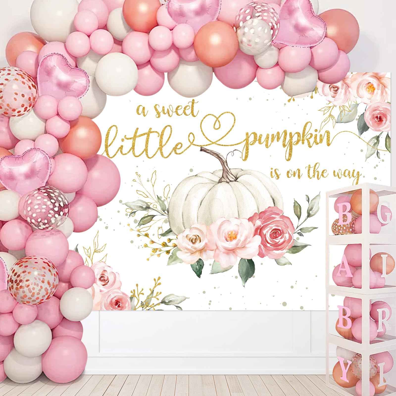 Avezano Pumpkin Baby Shower Backdrop 8X6Ft Pink Floral Fall Pumpkin Baby Shower Party Decorations Banner Autumn Little Pumpkin I