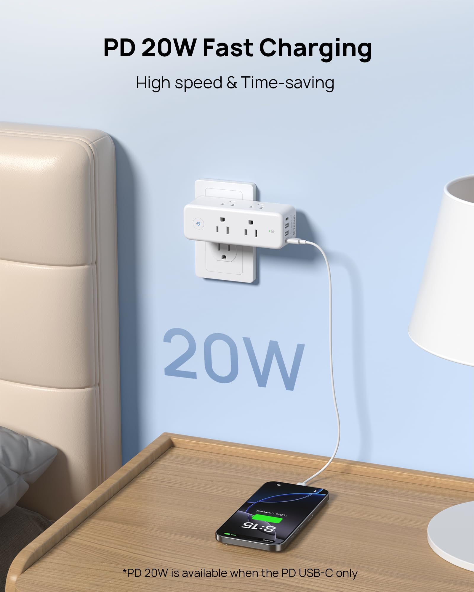 Trond Outlet Extender Surge Protector, 6 Ac Outlet Splitter With Rotating Plug 360, Multi Plug Adapter With Pd 20W Usb C, 1440J,