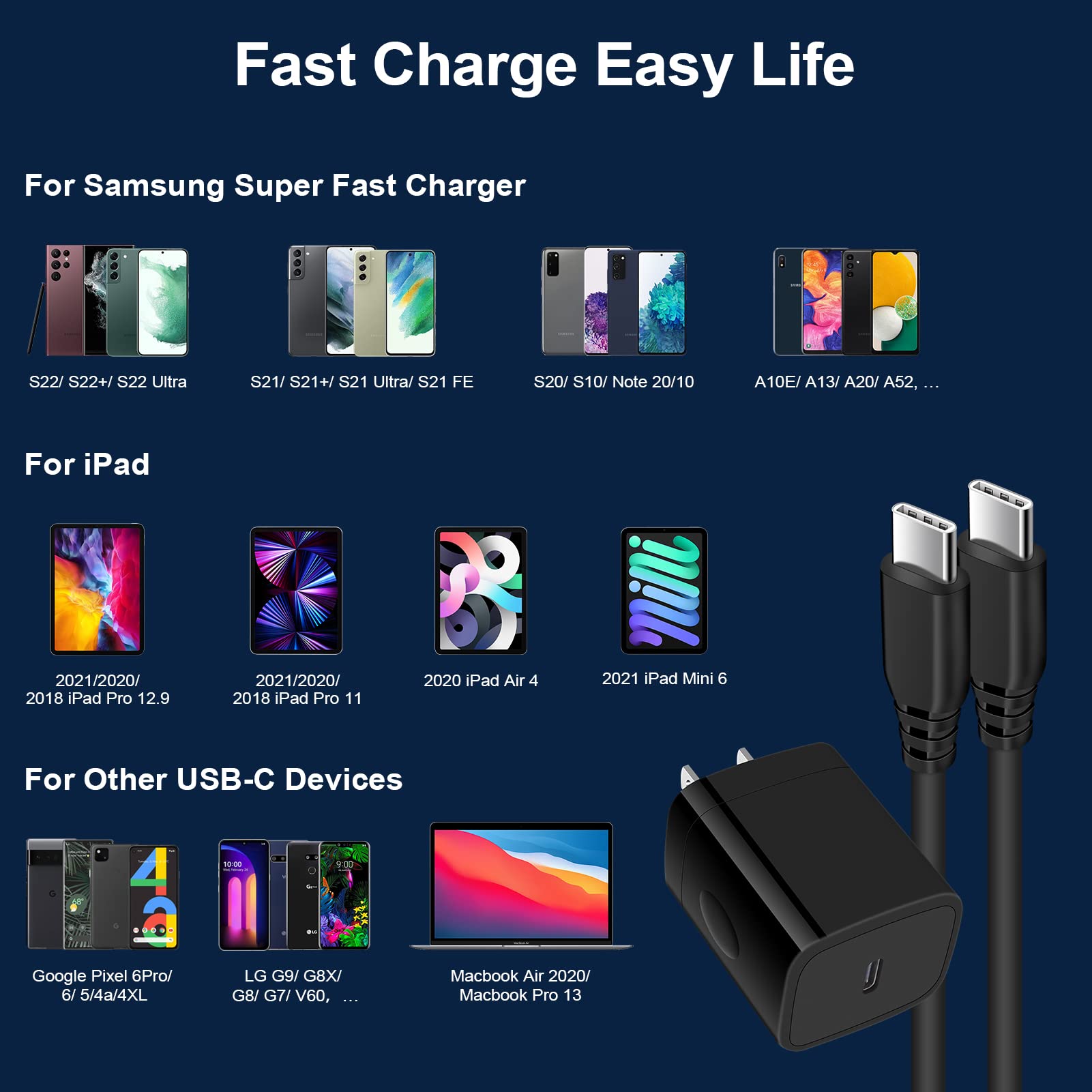 Super Fast Charger Samsung Type C Charging Block For Samsung Galaxy S24 Fe,S24 Ultra,A16 5G A55 A15 A35,A14,A53,A25,A23,S23 Fe,S